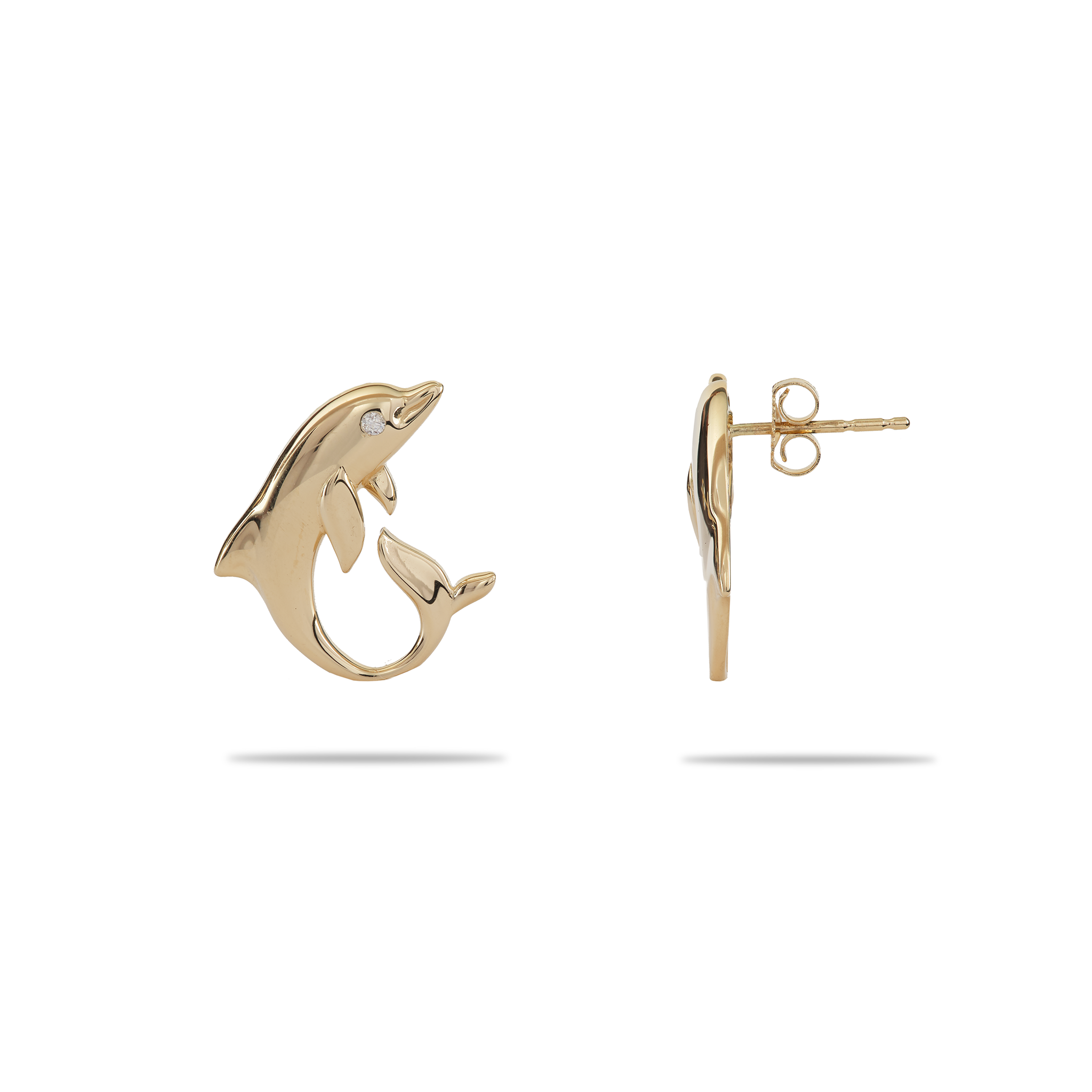Boucles d'oreilles de dauphin de danse océan dans l'or avec des diamants - 18 mm