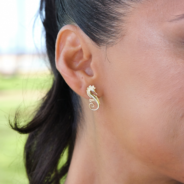 Ocean Dance Seahorse Earrings in Gold with Diamonds - 20mm