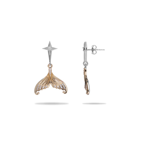 Moon & Star Mermaid Tail Earrings in Two Tone Gold with Diamonds - 31mm