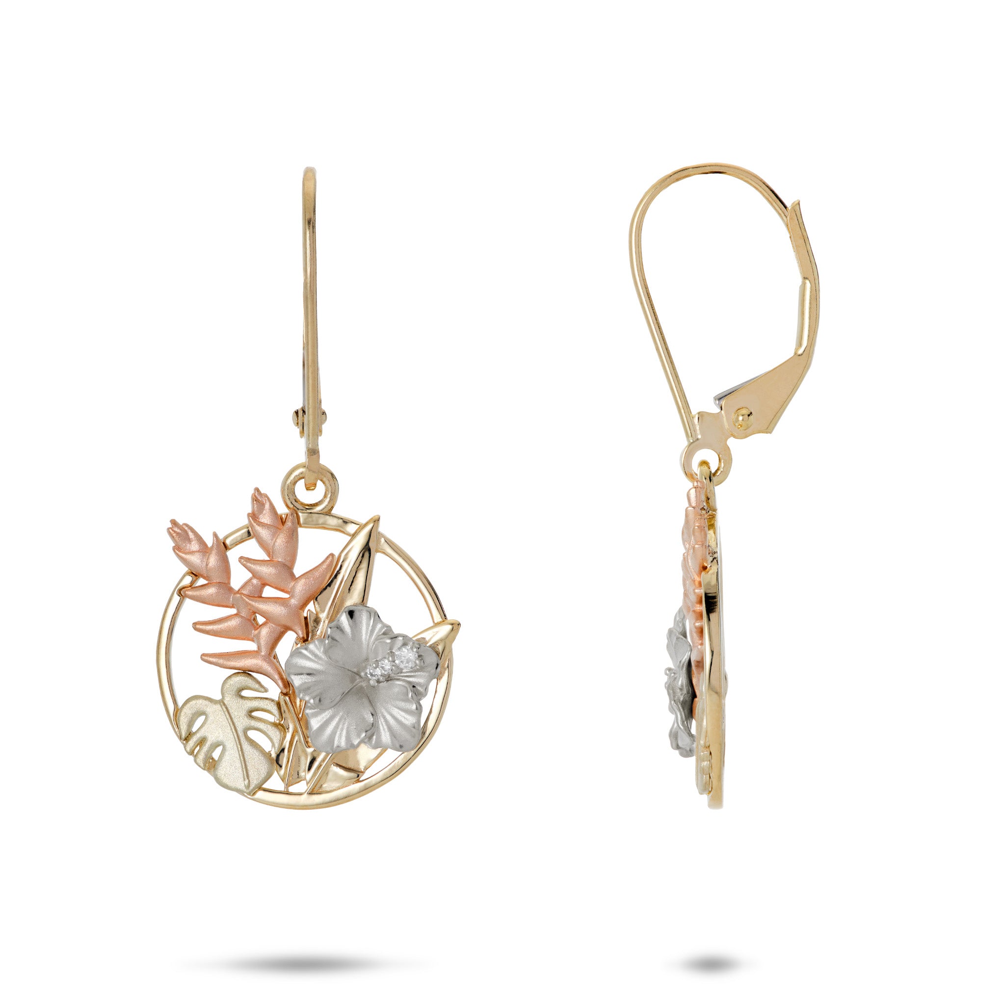 Leverback Earrings with Diamond White Gold Hibiscus, Rose Gold Heliconia, Green Gold Monstera, and Yellow Gold frame with Banana Leaves