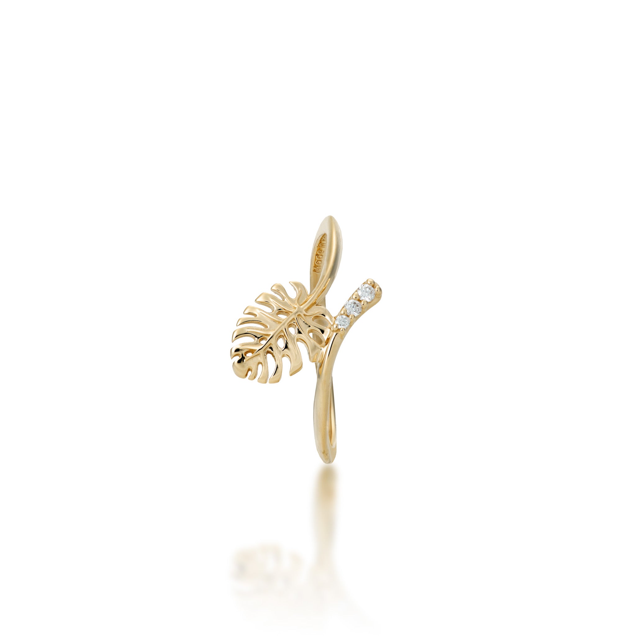 Top view of the 9mm Monstera Ring in 14l Yellow Gold with Diamonds on a white background
