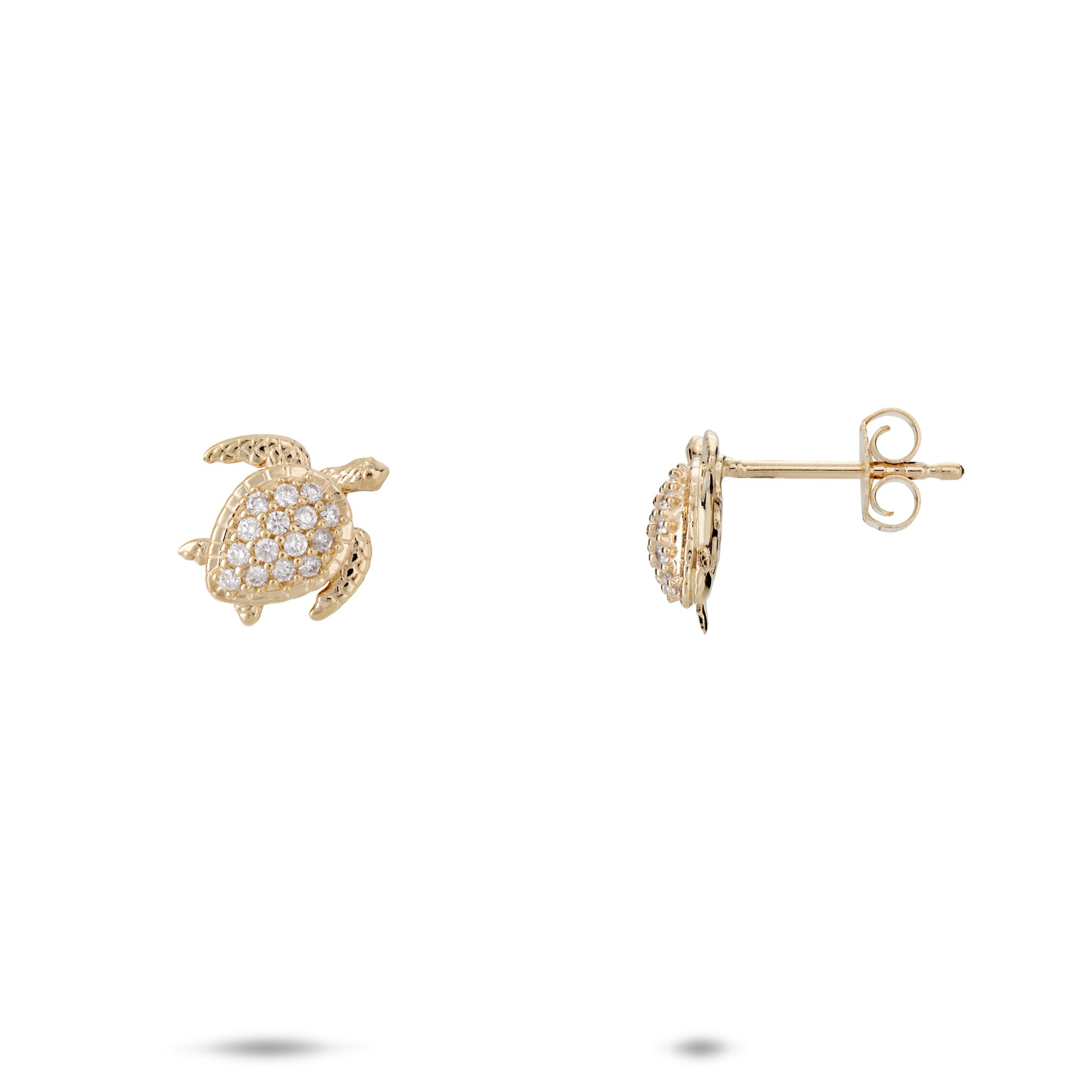 10mm Honu Earrings in Gold with Diamonds on a white background