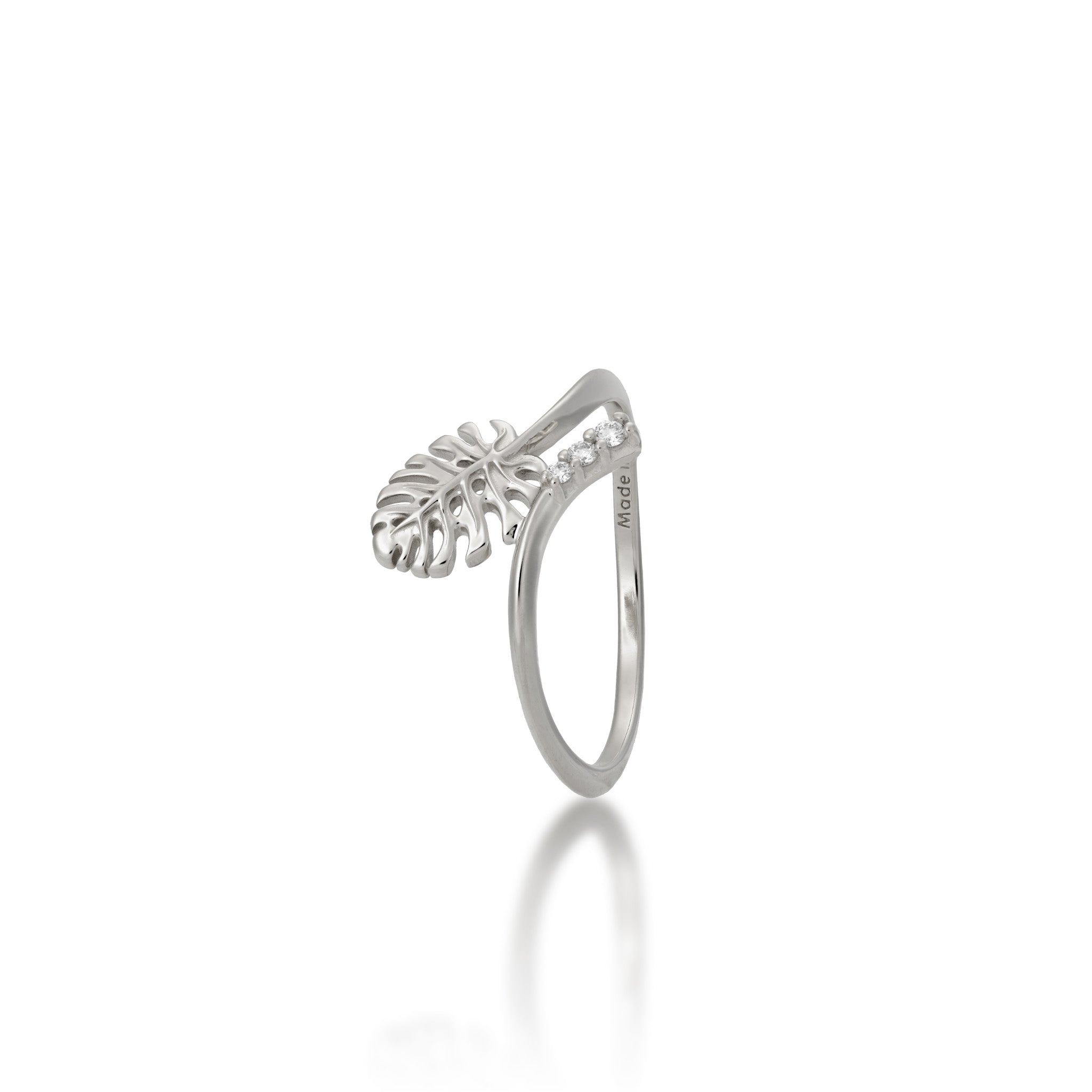 9mm Monstera Ring in 14k White Gold with Diamonds on a white background