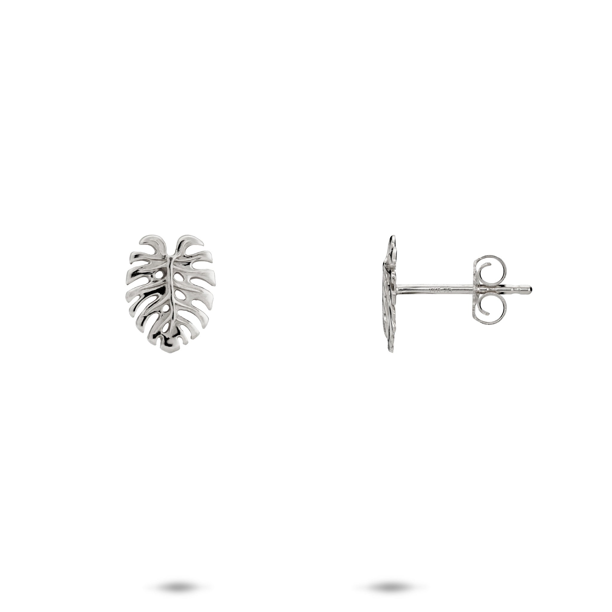 9mm Monstera Earrings in 14k White Gold on a white background