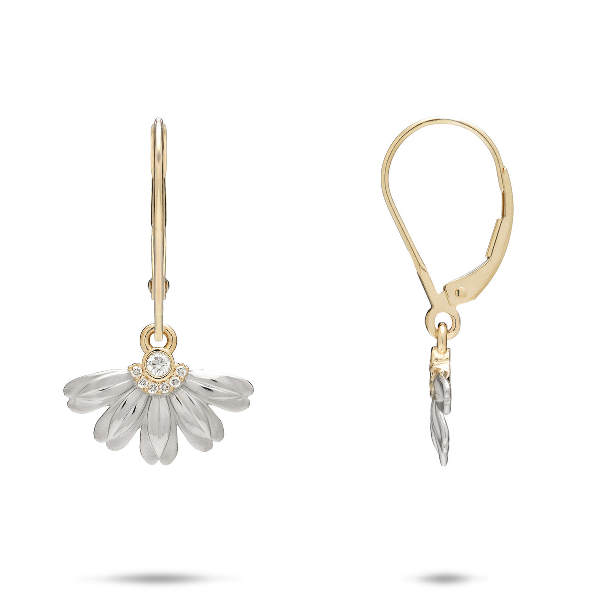 A pair of 14k yellow and white gold leverback earrings with a beach naupaka flower design with satin and high-polish petals, and  center diamonds with a row of curved diamonds around it, shown with a front and side profile view, against a white background