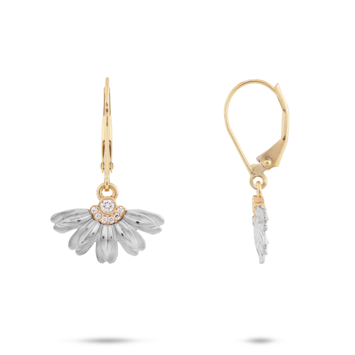 Beach Naupaka Flower Diamond Leverback Earrings in Two Tone Gold