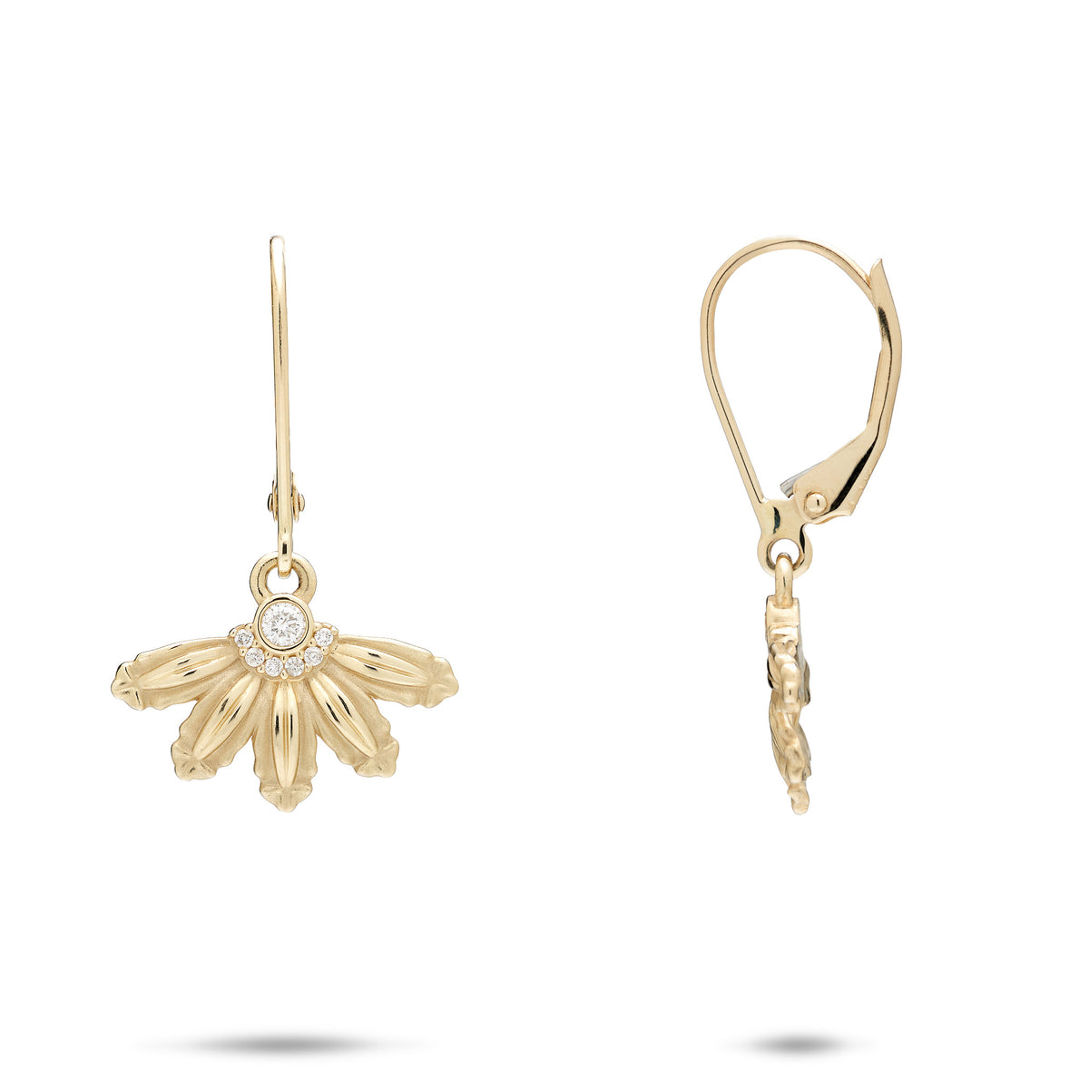 A pair of 14k yellow gold leverback earrings with a mountain naupaka flower design with satin and high-polish petals, and  center diamonds with a row of curved diamonds around it, shown with a front and side profile view, against a white background