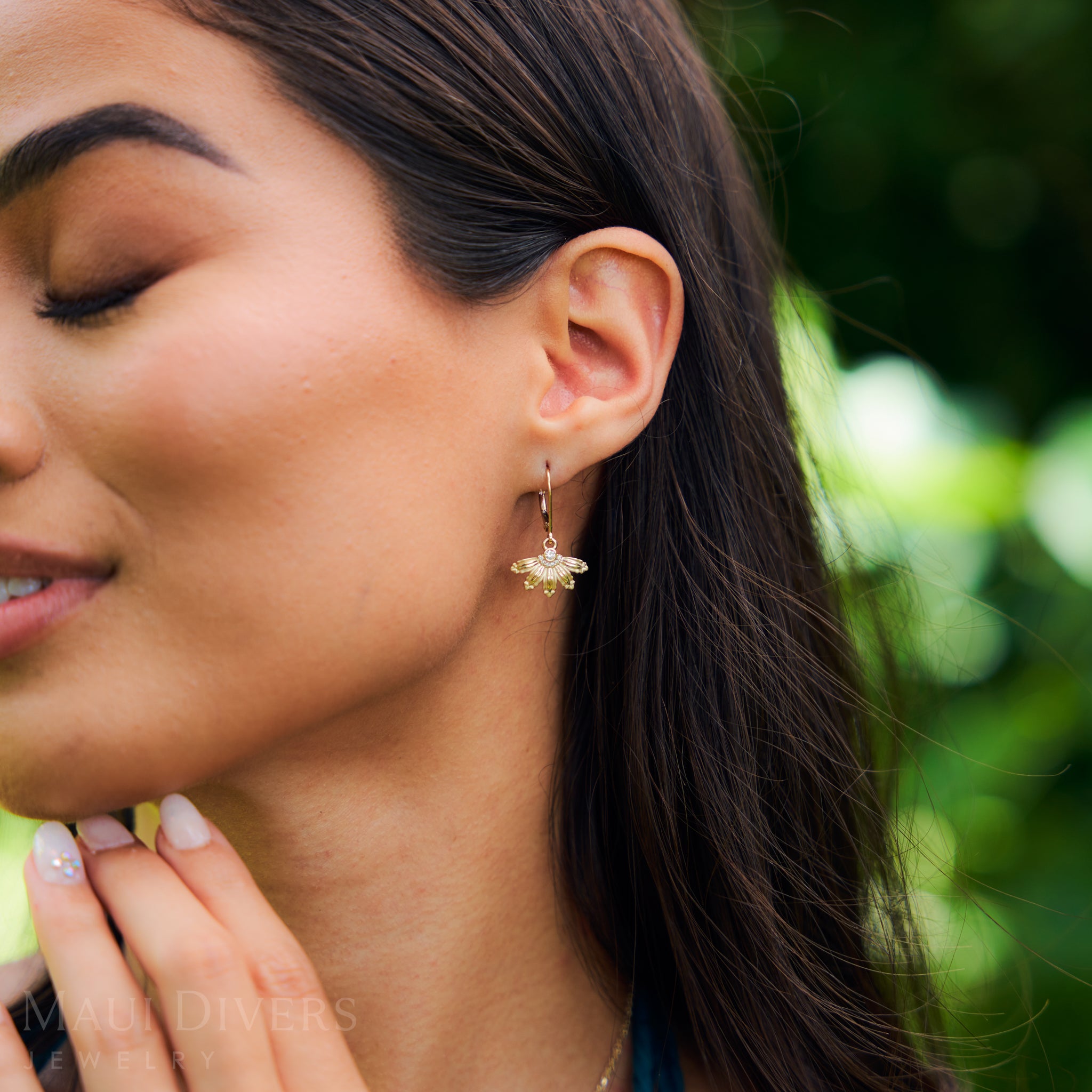 Mountain Naupaka Flower Leverback Earrings in Gold with Diamonds