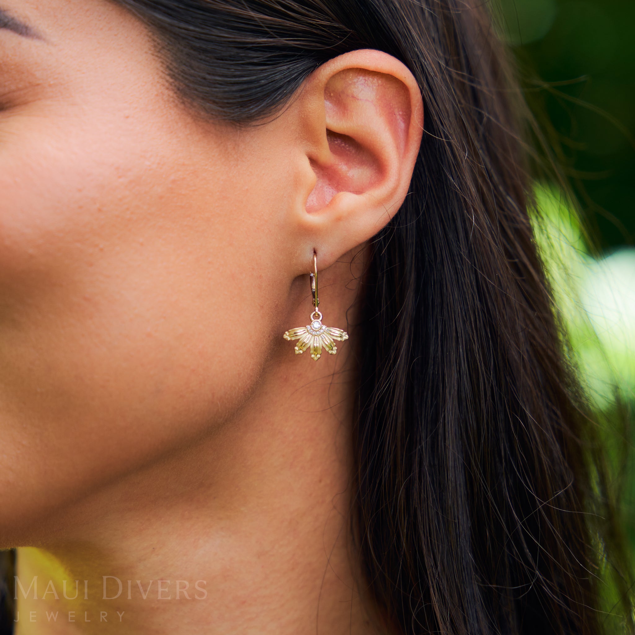 Mountain Naupaka Flower Leverback Earrings in Gold with Diamonds