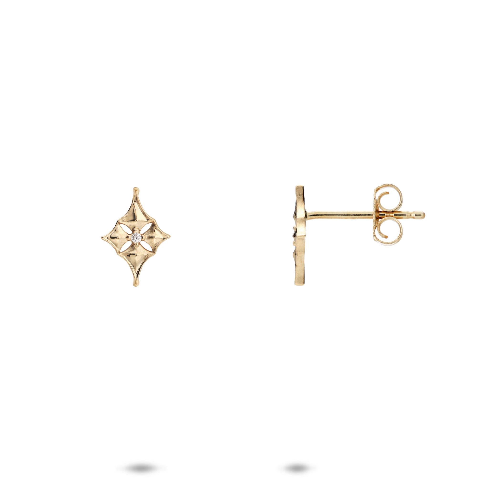 10mm Hawaiian Quilted Star Earrings in 14k Yellow Gold with Diamonds on a white background