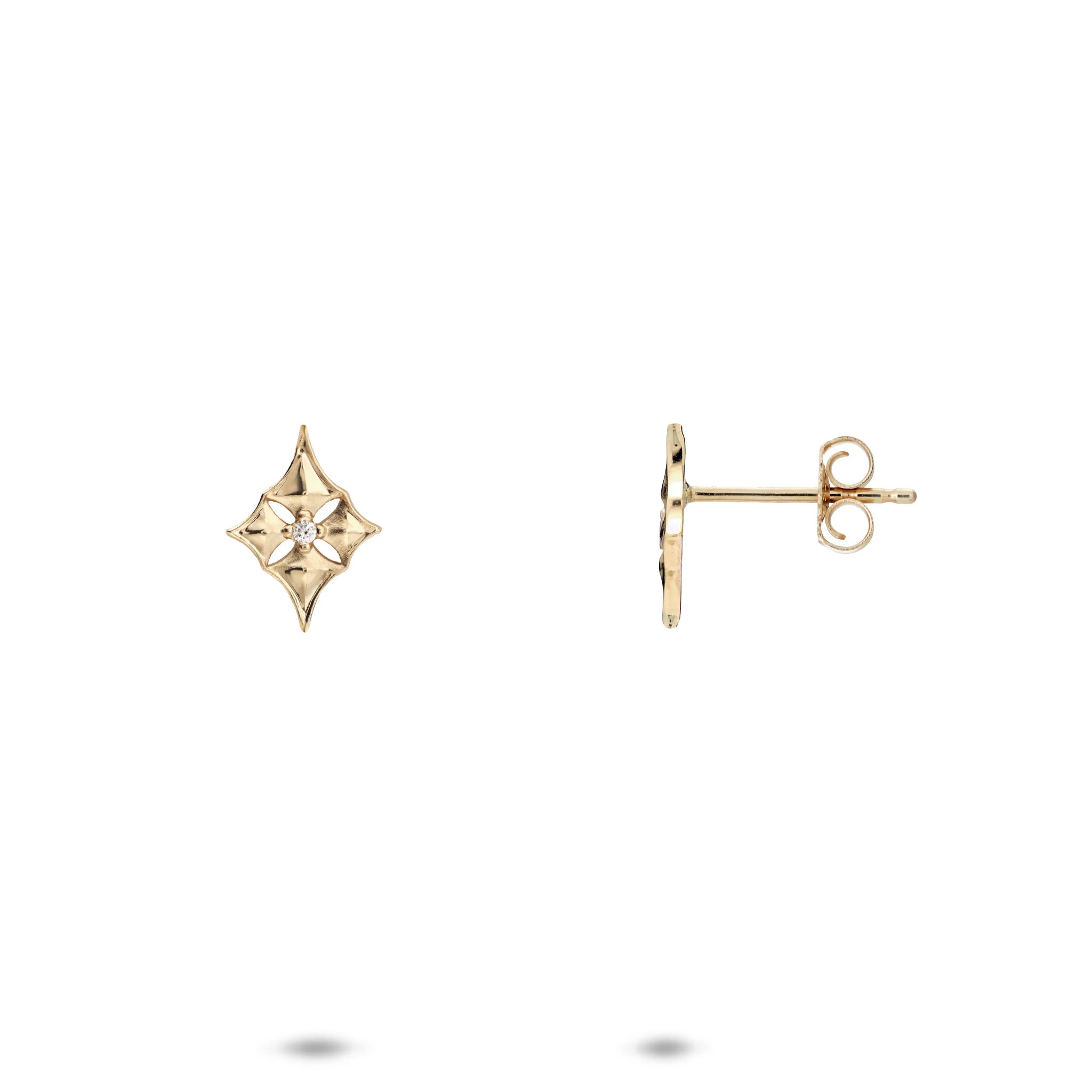 10mm Hawaiian Quilted Star Earrings in 14k Yellow Gold with Diamonds on a white background