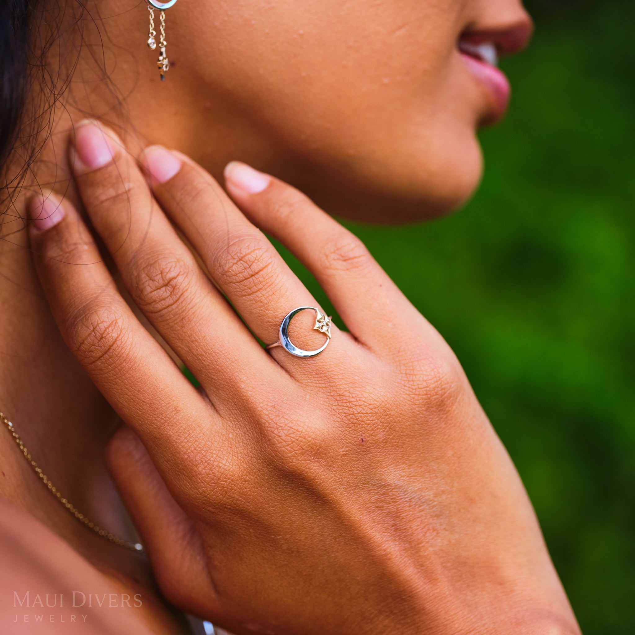 Hawaiian Quilted Star and Moon Ring in Two Tone Gold with Diamond