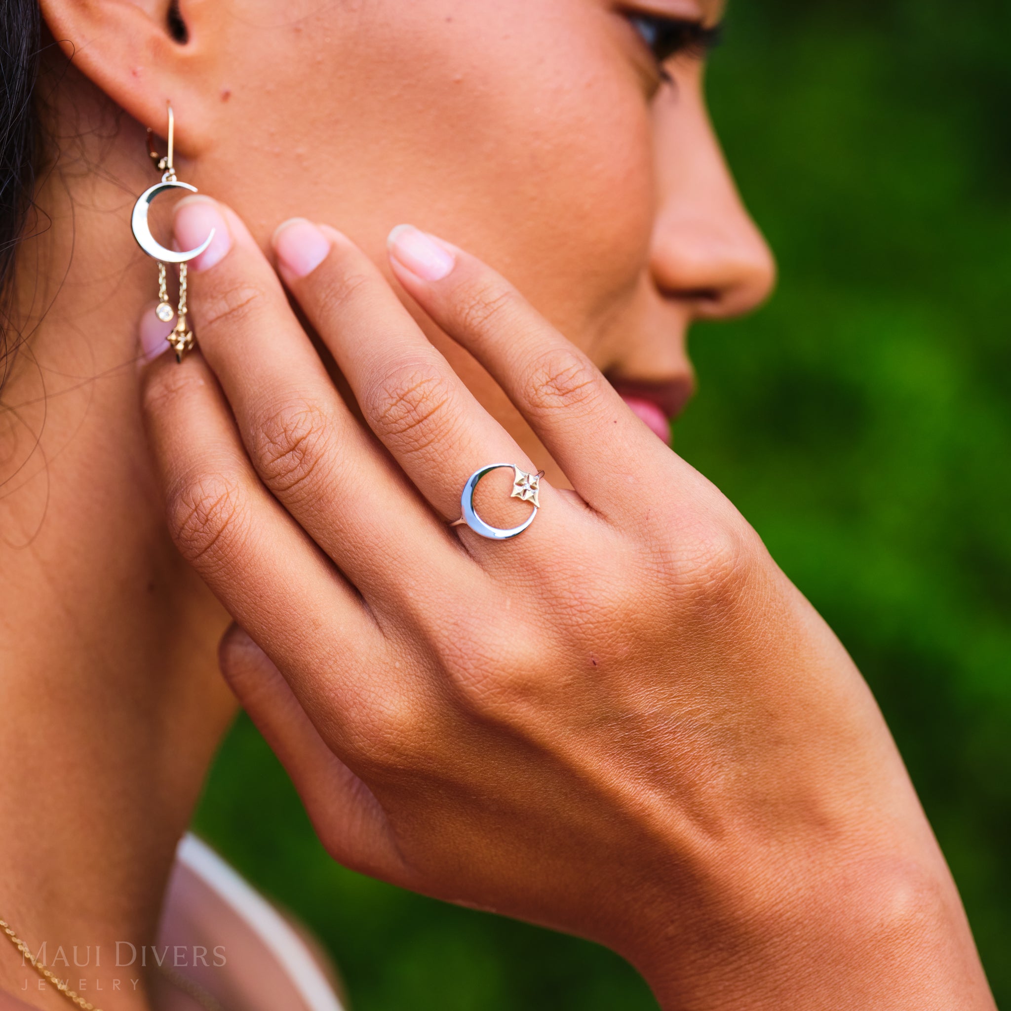 Hawaiian Quilted Star and Moon Ring in Two Tone Gold with Diamond - 13mm