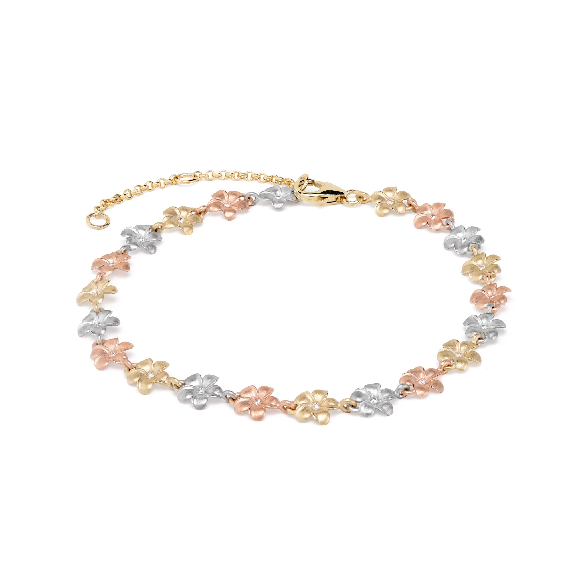 Side view of an adjustable diamond plumeria link bracelet in alternating 14k rose, white, and yellow gold.