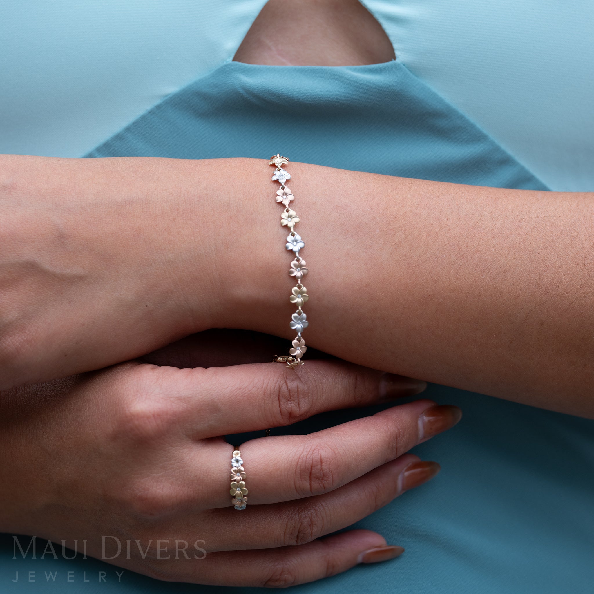 7-8.5" Adjustable Plumeria Bracelet in Tri Color Gold with Diamonds - 6mm