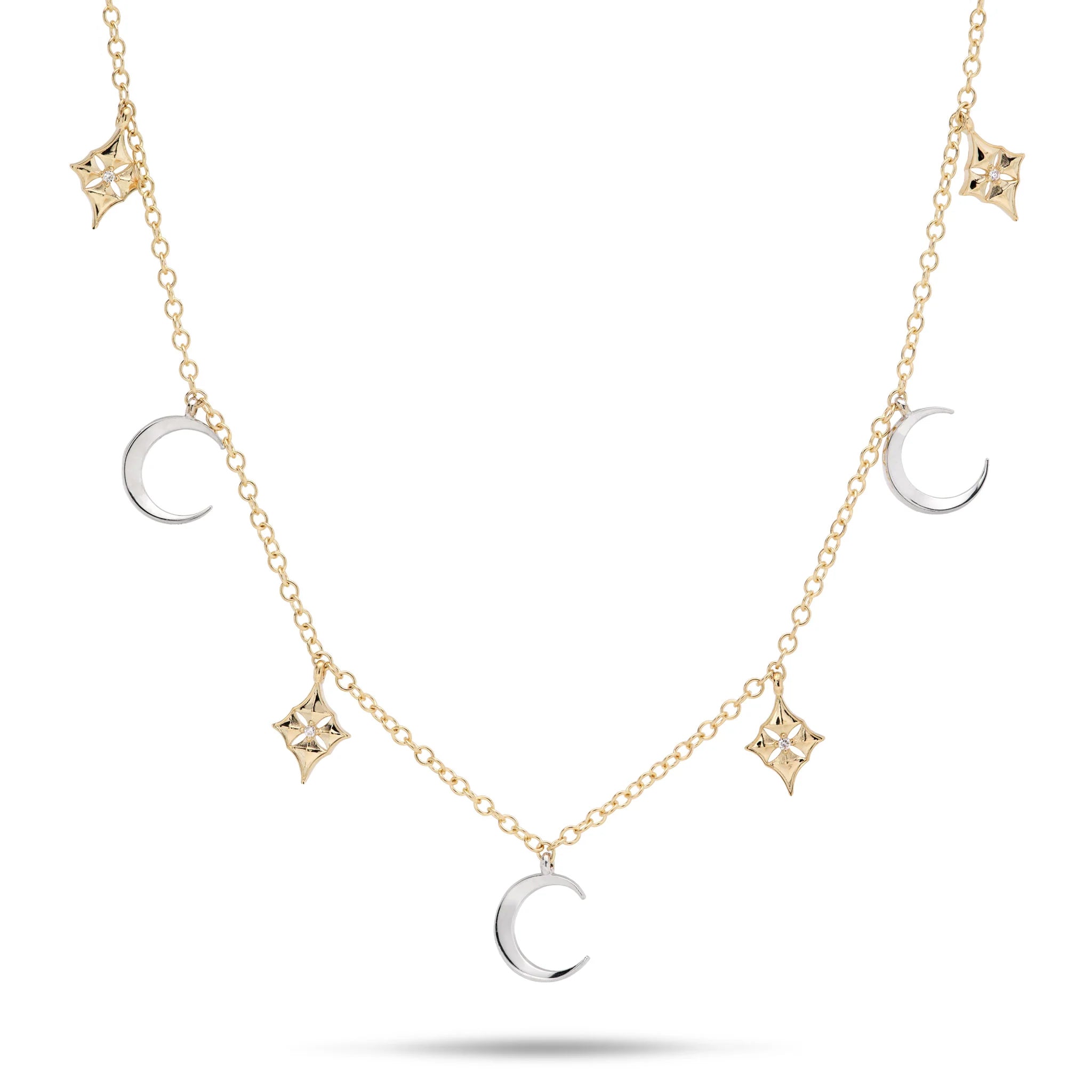 16-18" Adjustable Hawaiian Quilted Star & Moon Necklace in 14k White and Yellow Gold on a white background
