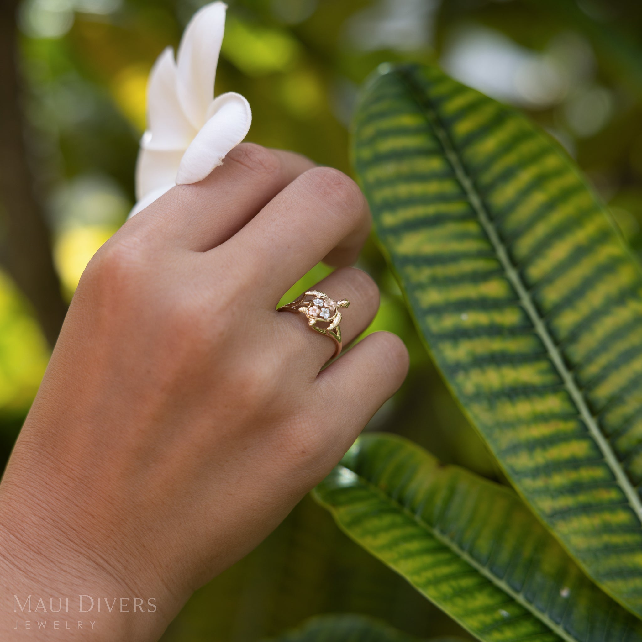 Plumeria Honu (Sea Turtle) Ring in Tri Color Gold