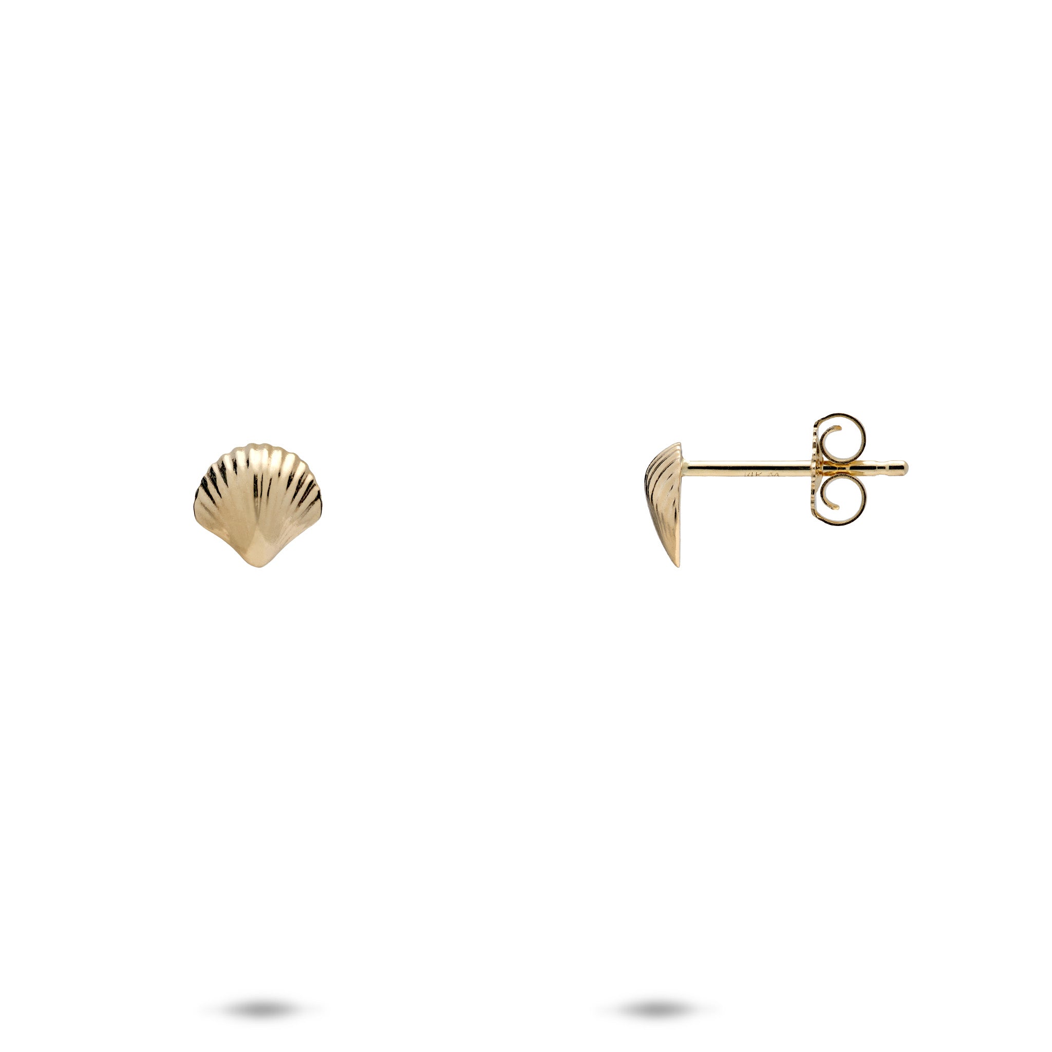 A pair of 14k yellow gold scallop stud earrings, one shown from the front with a dimensional scalloped shell design and the other from the side displaying the post and butterfly back, on a solid white background.