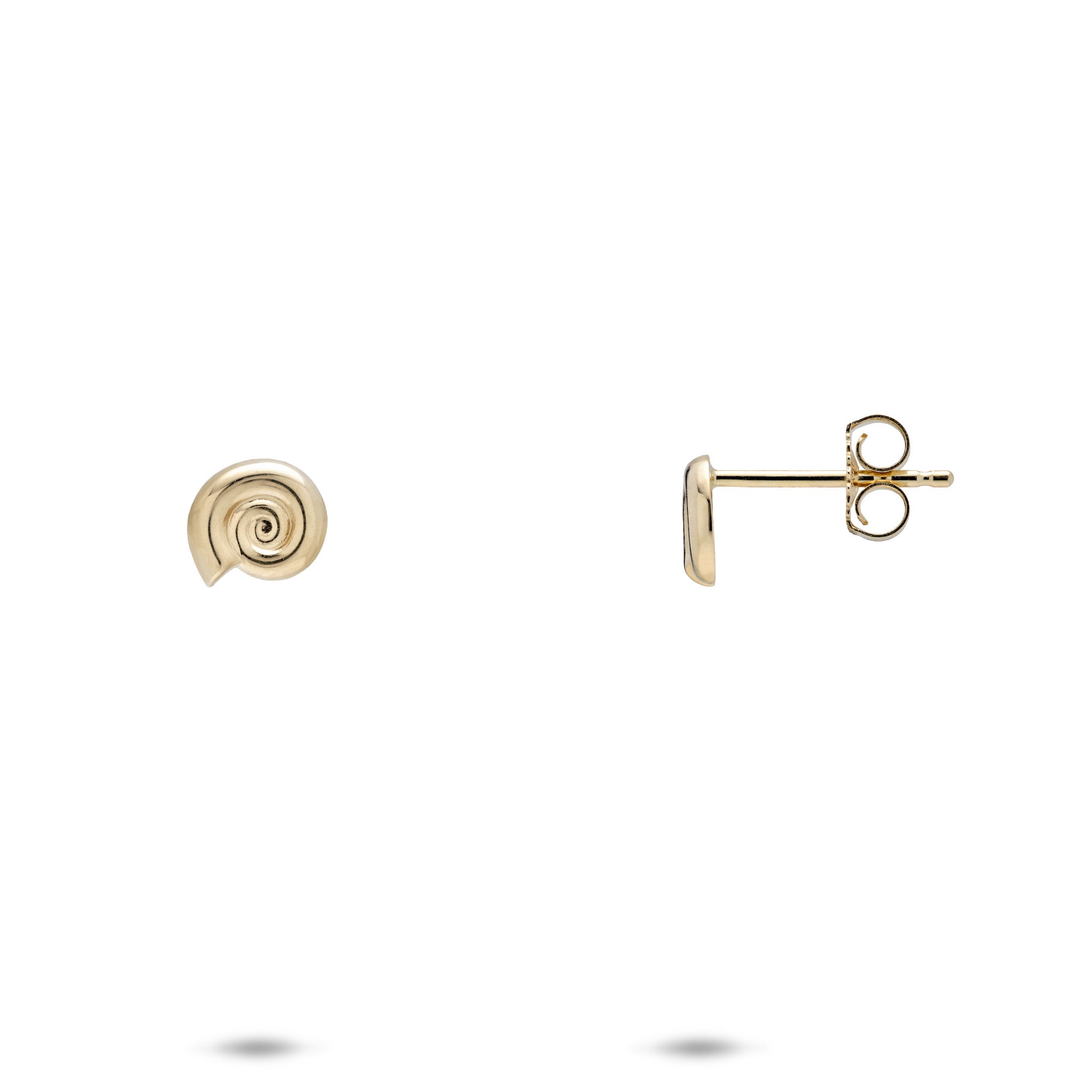 A pair of 14k yellow gold spiral conch shell earrings, with one earring shown from the front displaying a spiral design and the other from the side showing the post and butterfly back, on a plain white background.