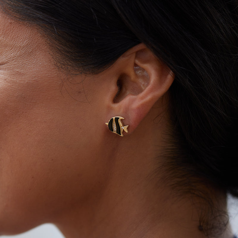 Boucles d'oreilles de corail noir à l'angeife en or avec diamants - 12 mm