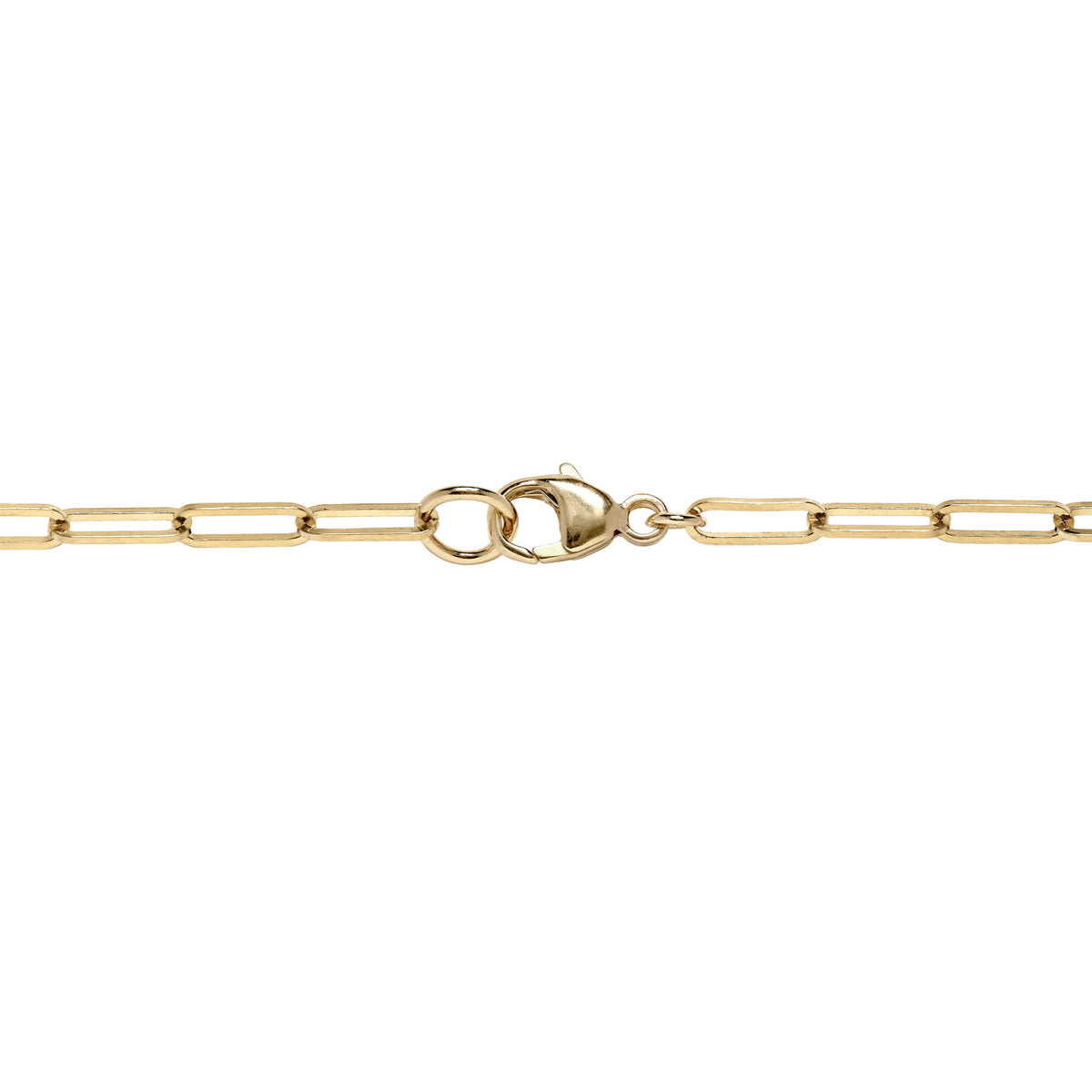 Close up of a 14k gold lobster clasp on a paperclip chain against a white 