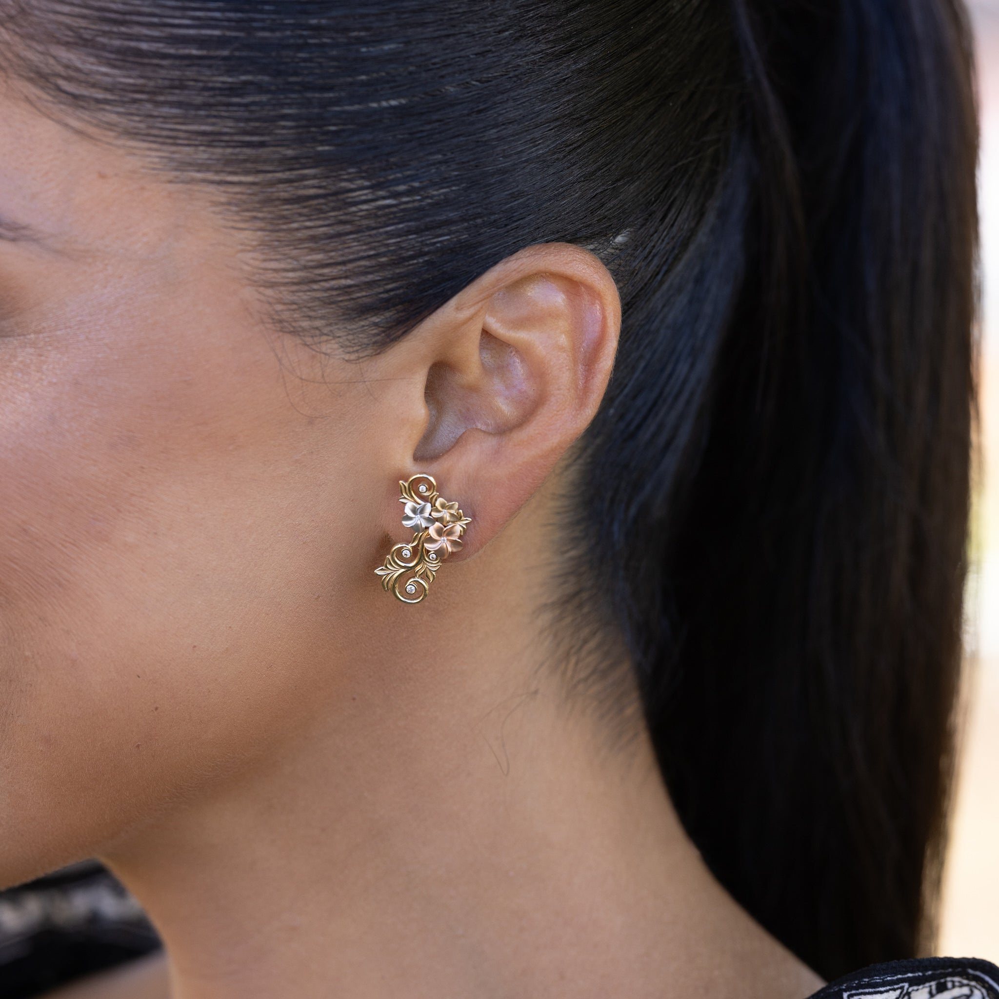 Living Heirloom Plumeria Earrings in Tri Color Gold with Diamonds 