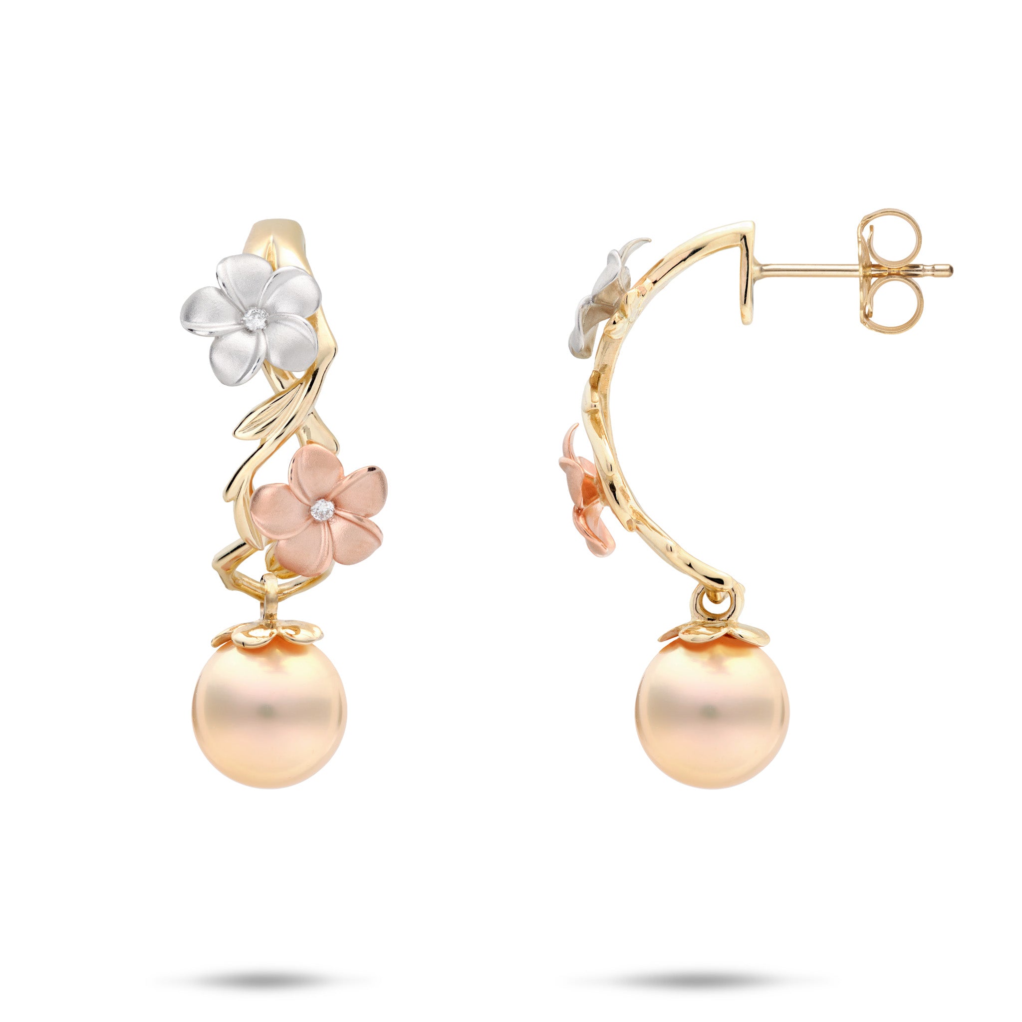 Pearls in Bloom Plumeria Peach Freshwater Pearl Half-Hoop Earrings in Tri Color Gold with Diamonds on a white background