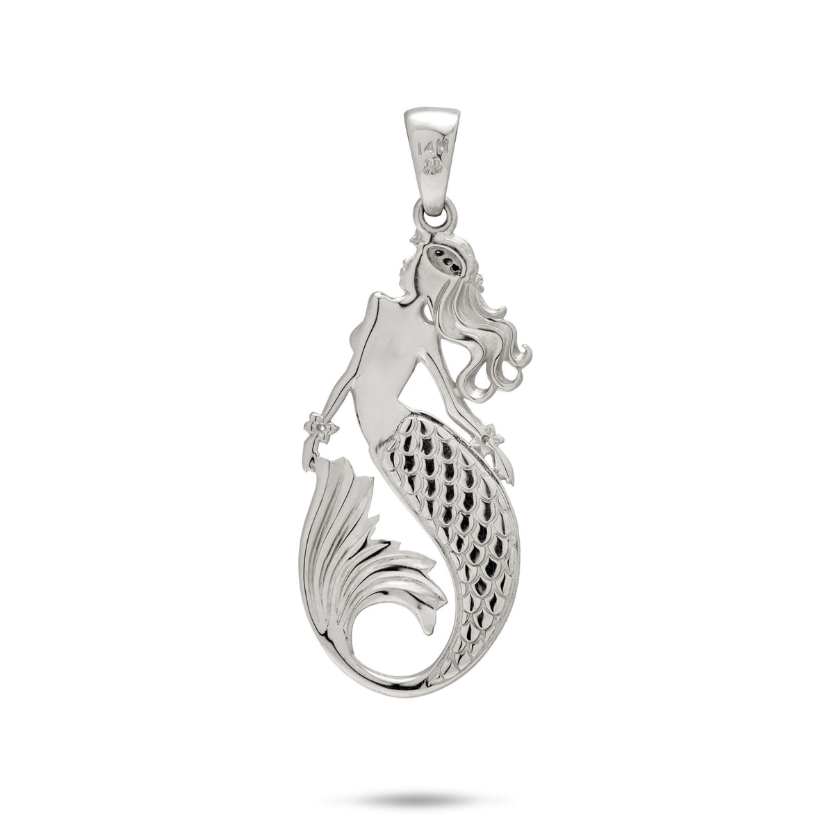 Back side of a 14k white gold mermaid pendant, showcasing the scale detail on the tail, shown on a white background