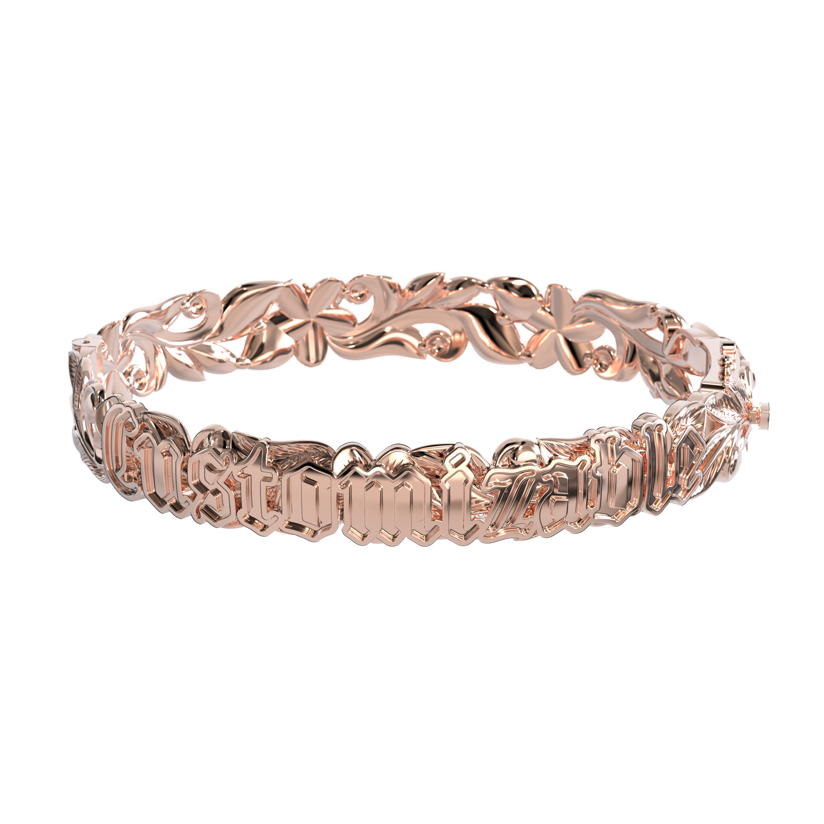 10mm Customizable Hawaiian Hinge Bracelet with Raised Lettering in Rose Gold