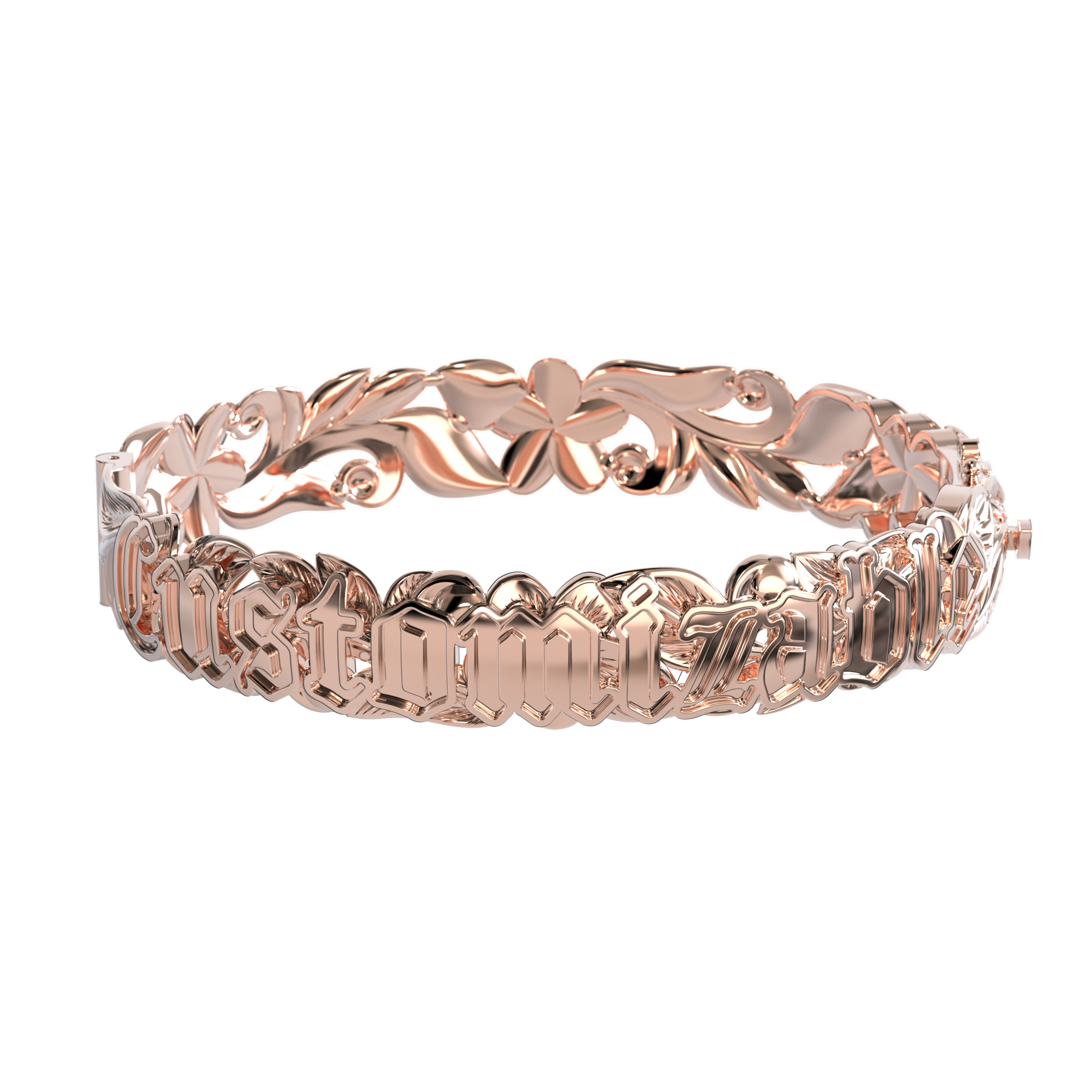 12mm Customizable Hawaiian Hinge Bracelet with Raised Lettering in Rose Gold