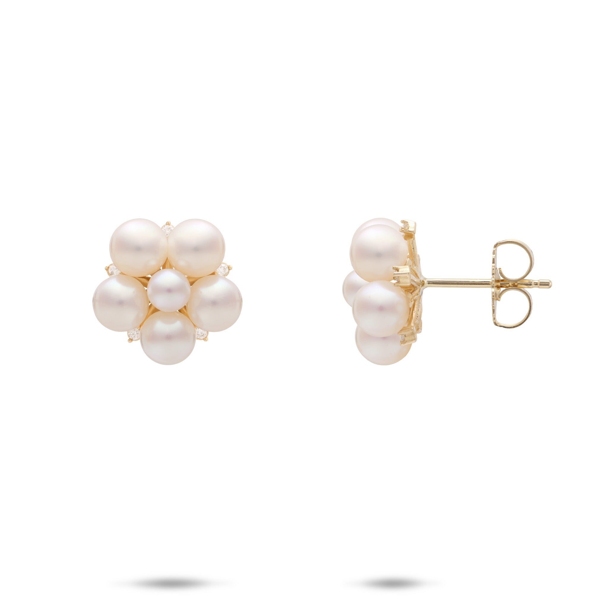 Tiny Bubbles Freshwater White Pearl Earrings in 14k Yellow Gold with Diamonds on a white background