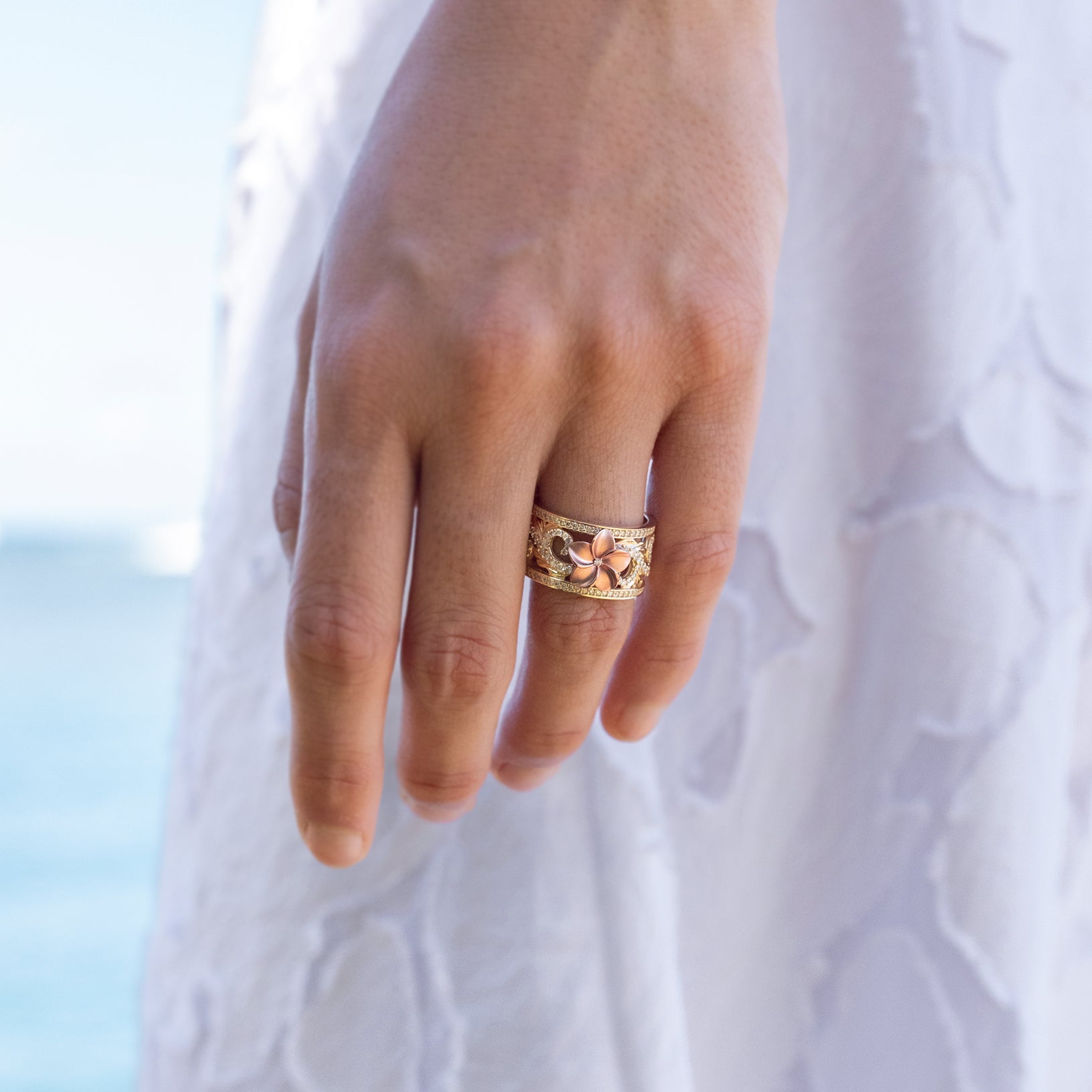 Hawaiian Heirloom Plumeria Engagement Ring in Two Tone Gold with Diamonds - 12mm