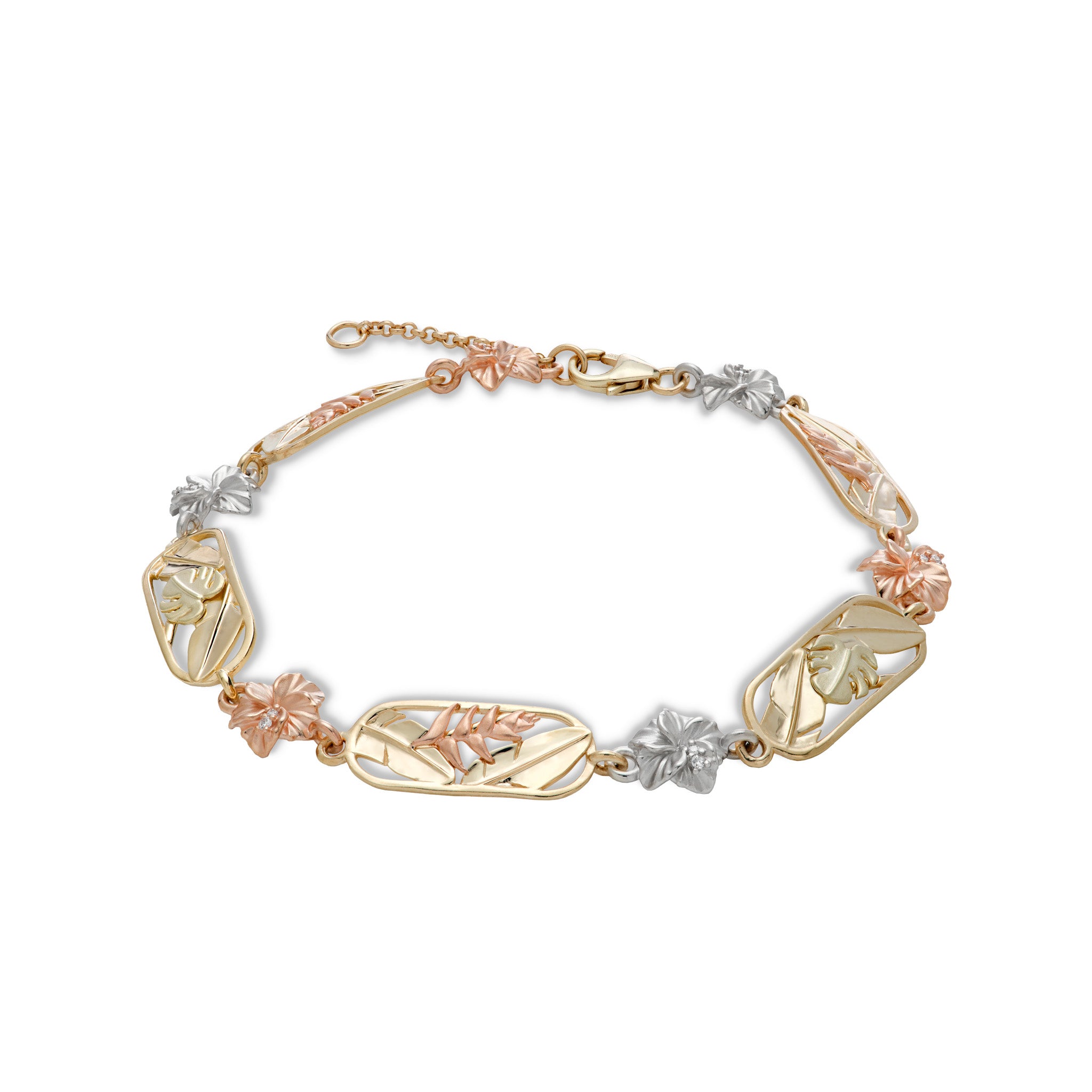 Hawaiian Gardens Hibiscus Diamond Link Bracelet in Multi Tone Gold