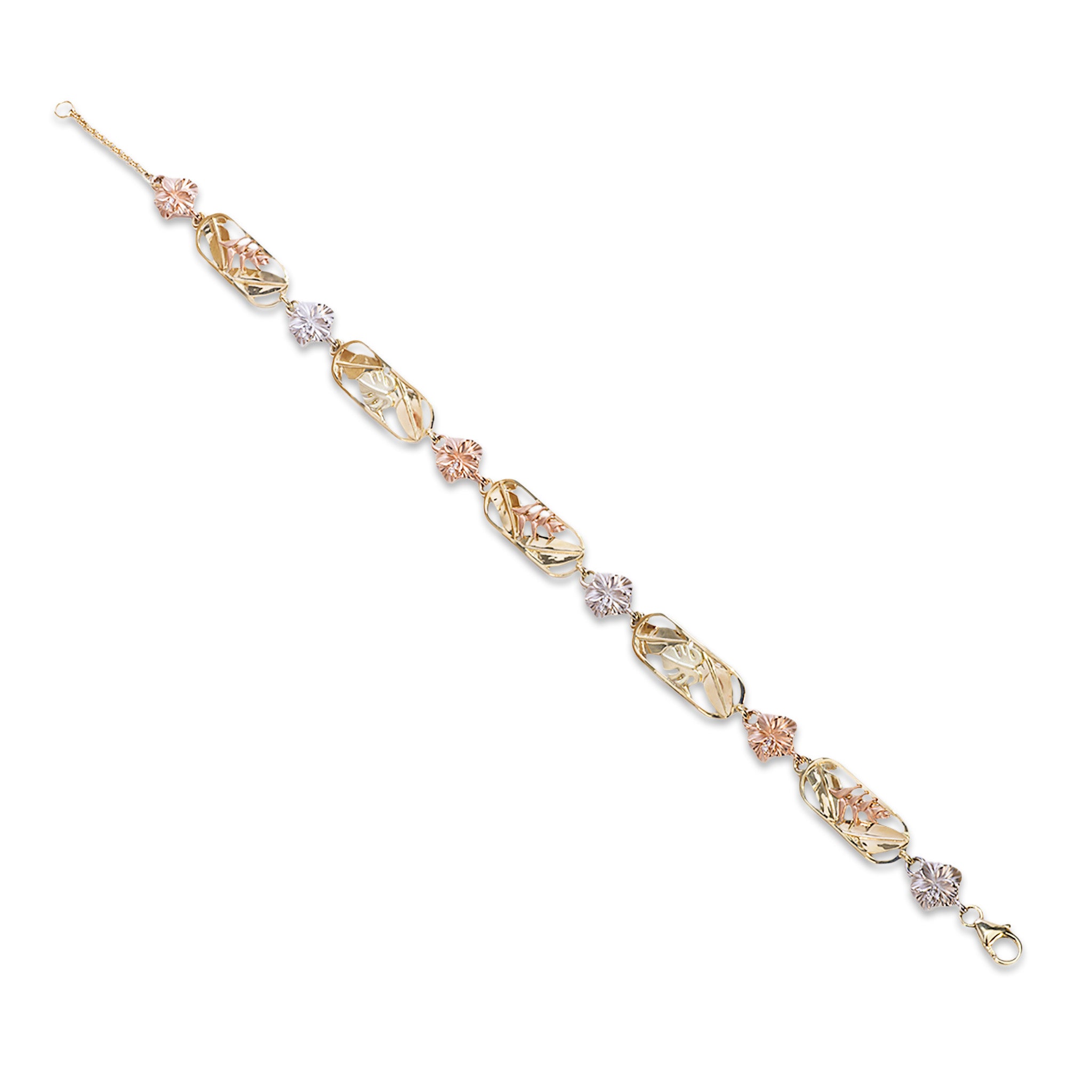 Hawaiian Gardens Hibiscus Diamond Link Bracelet in Multi Tone Gold