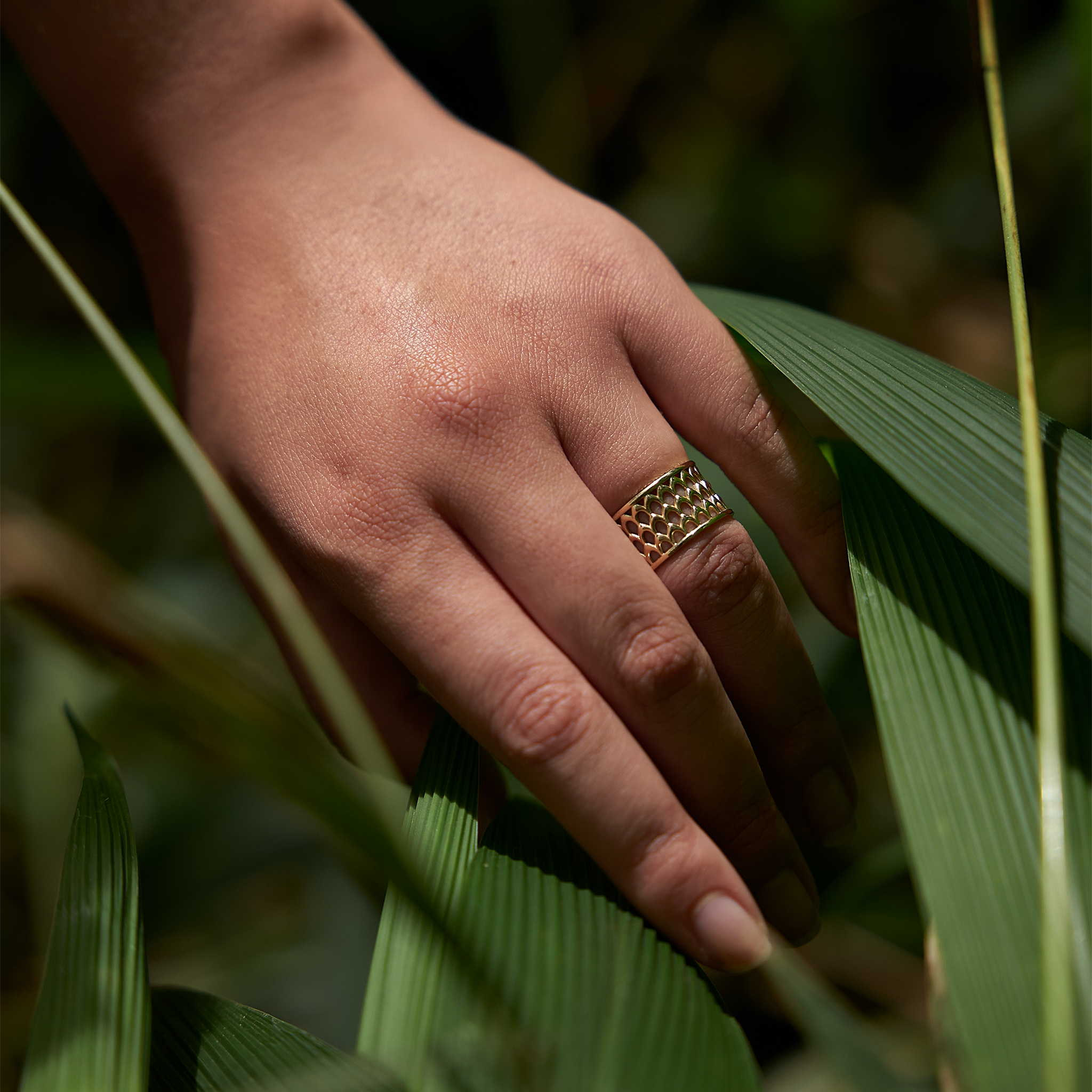 Hand wearing Kamohoaliʻi ʻIwa Bird Feather Ring in 14k Yellow Gold next to leaves