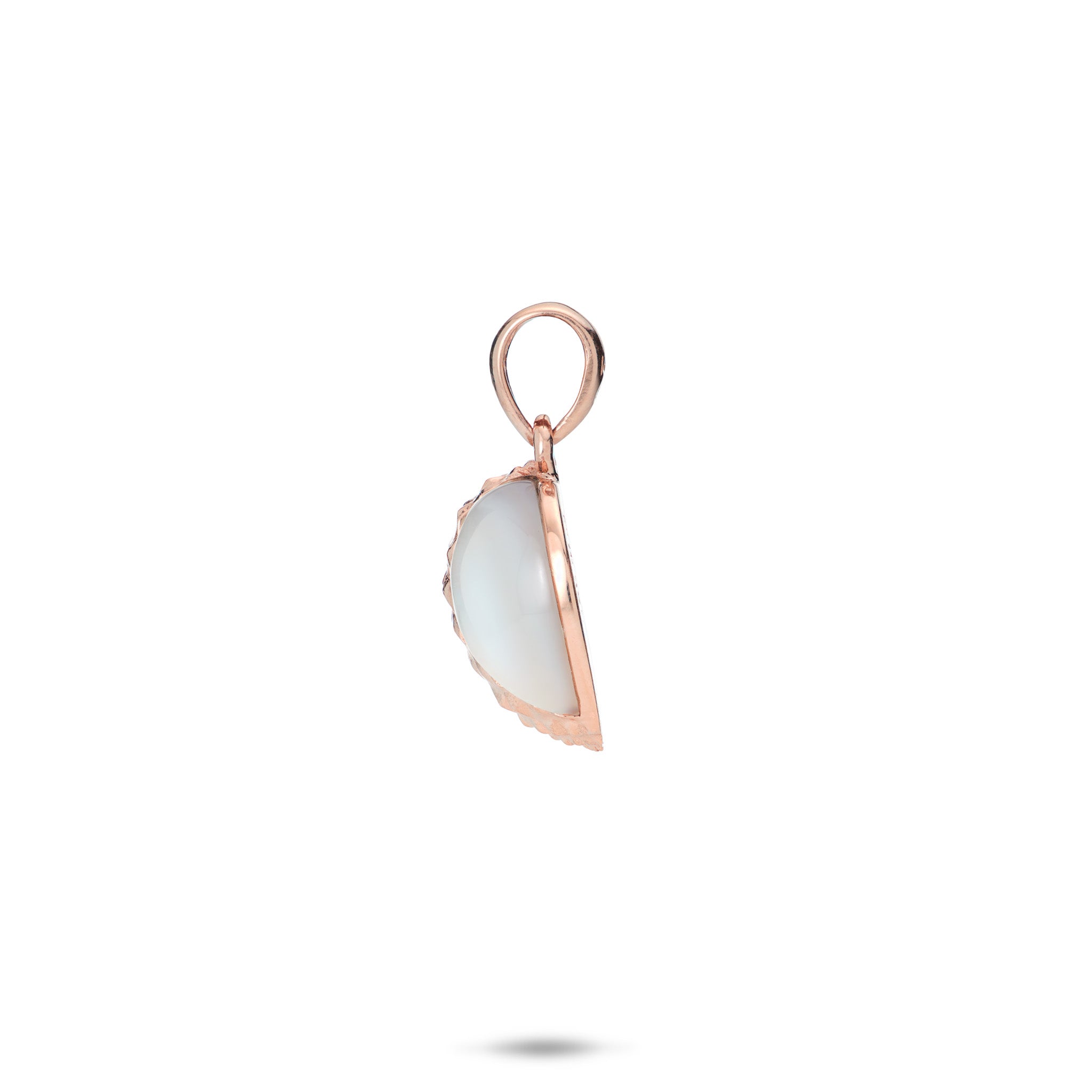 Side view of the 13.5mm Lychee Mother of Pearl Pendant in 14k Rose Gold on a White Background