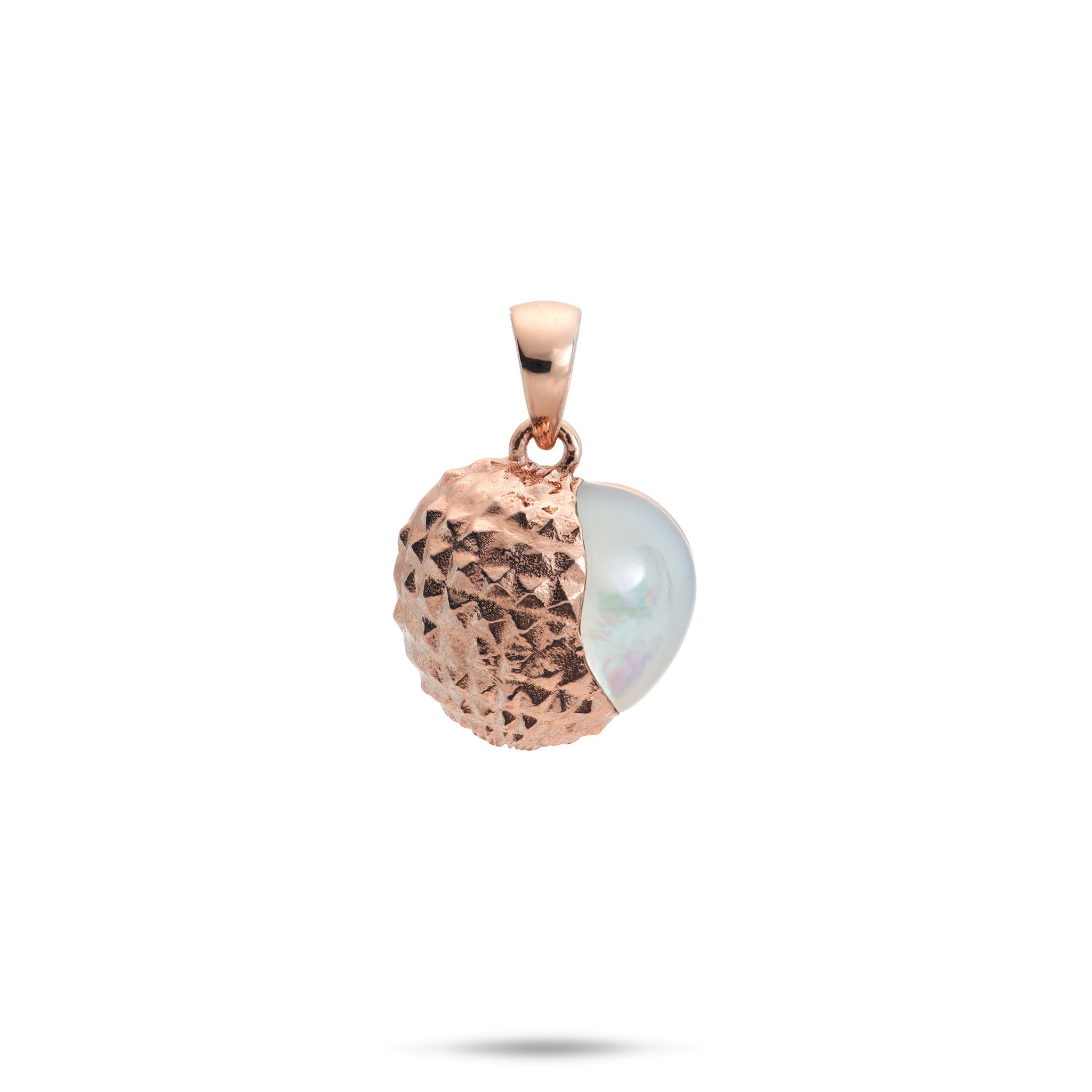 Front view of the 13.5mm Lychee Mother of Pearl Pendant in 14k Rose Gold on a White Background