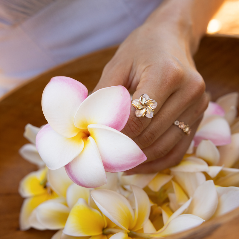 Hand wearing a Plumeria Mother of Pearl Ring in gold, holding a white and pink plumeria flower