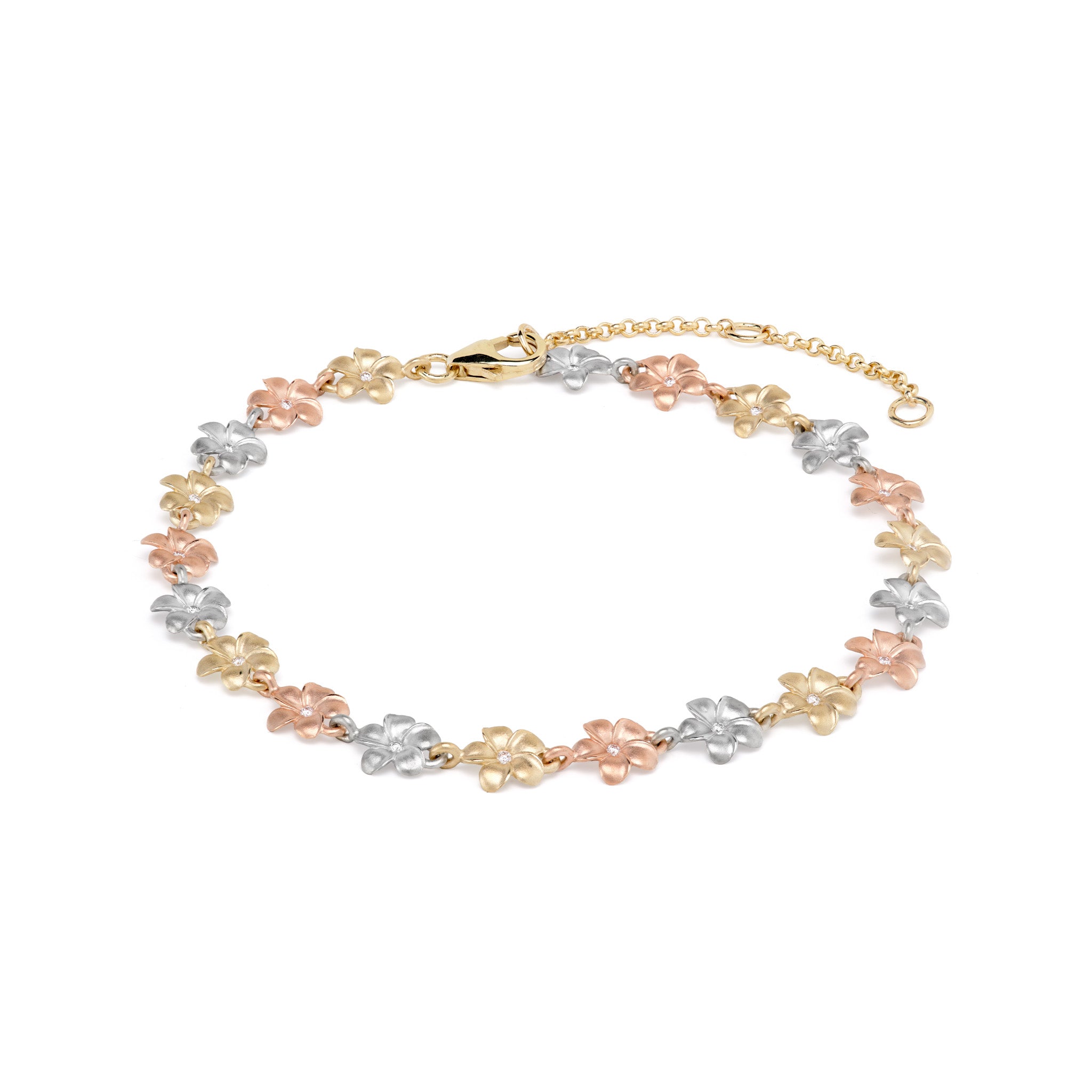 7-8.5" Adjustable Plumeria Bracelet in Tri Color Gold with Diamonds - 6mm