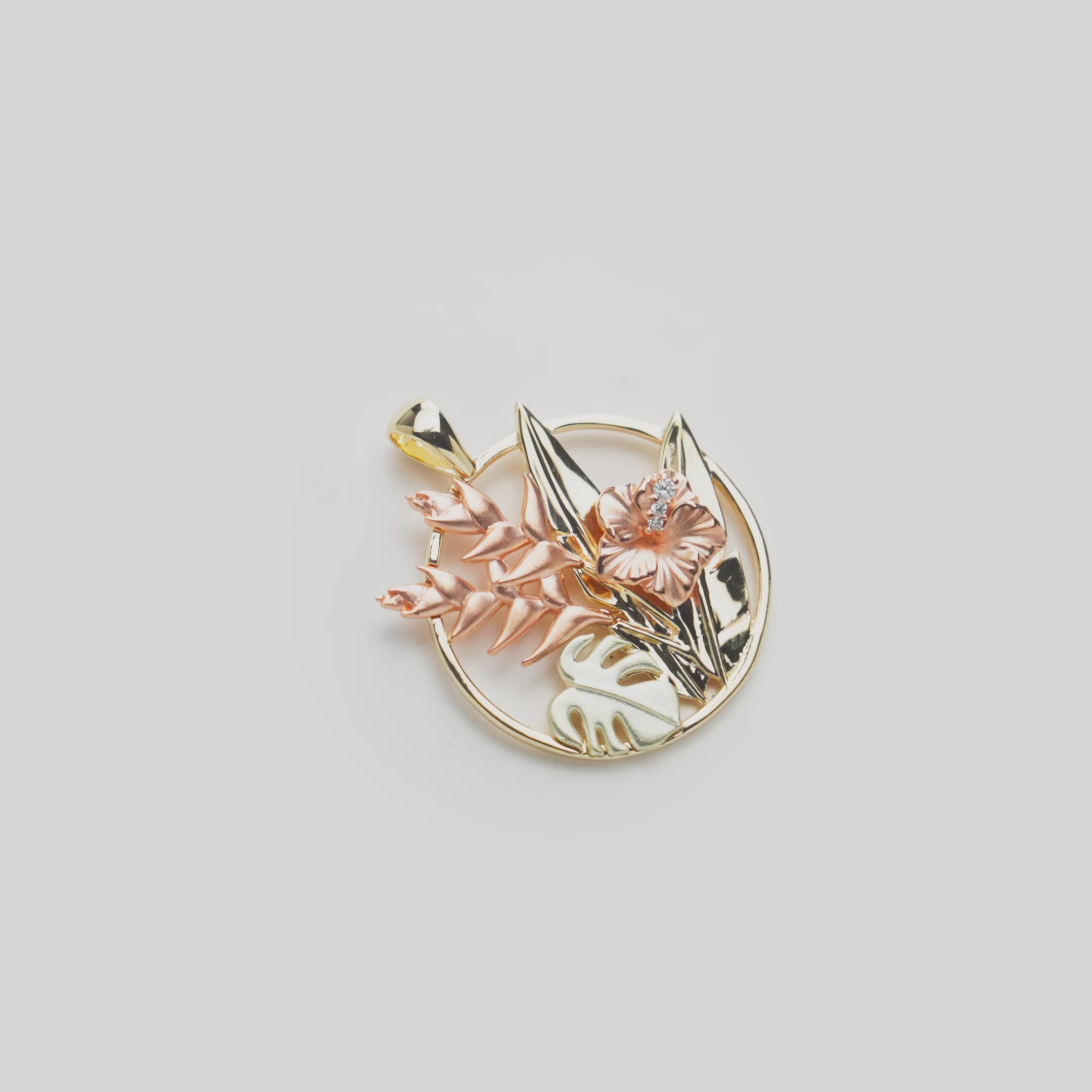 Hawaiian Gardens Hibiscus Pendant in Tri Color Gold with Diamonds