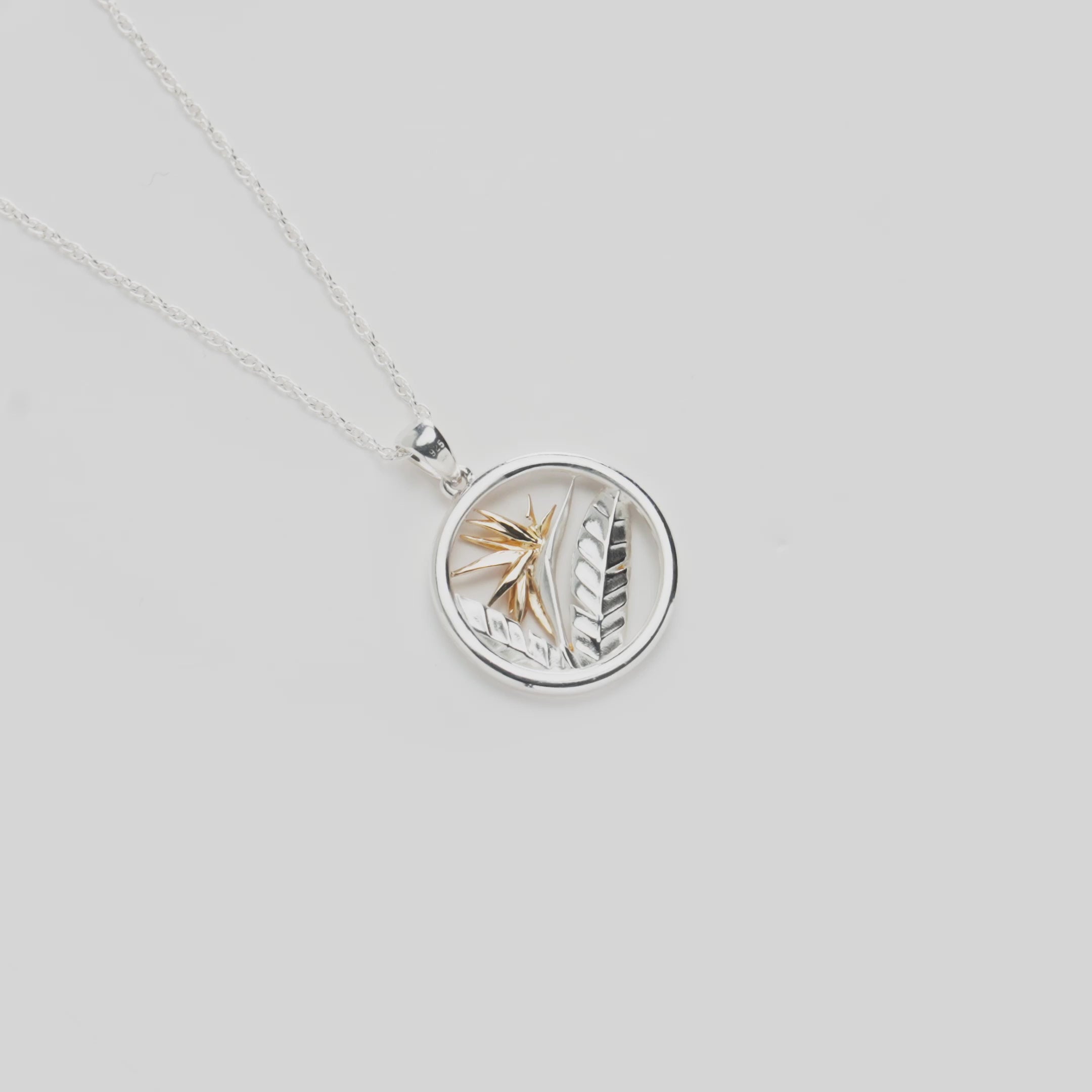 Video of the back side of the Birds of Paradise Pendant Necklace in Sterling Silver & Gold turning on a white background