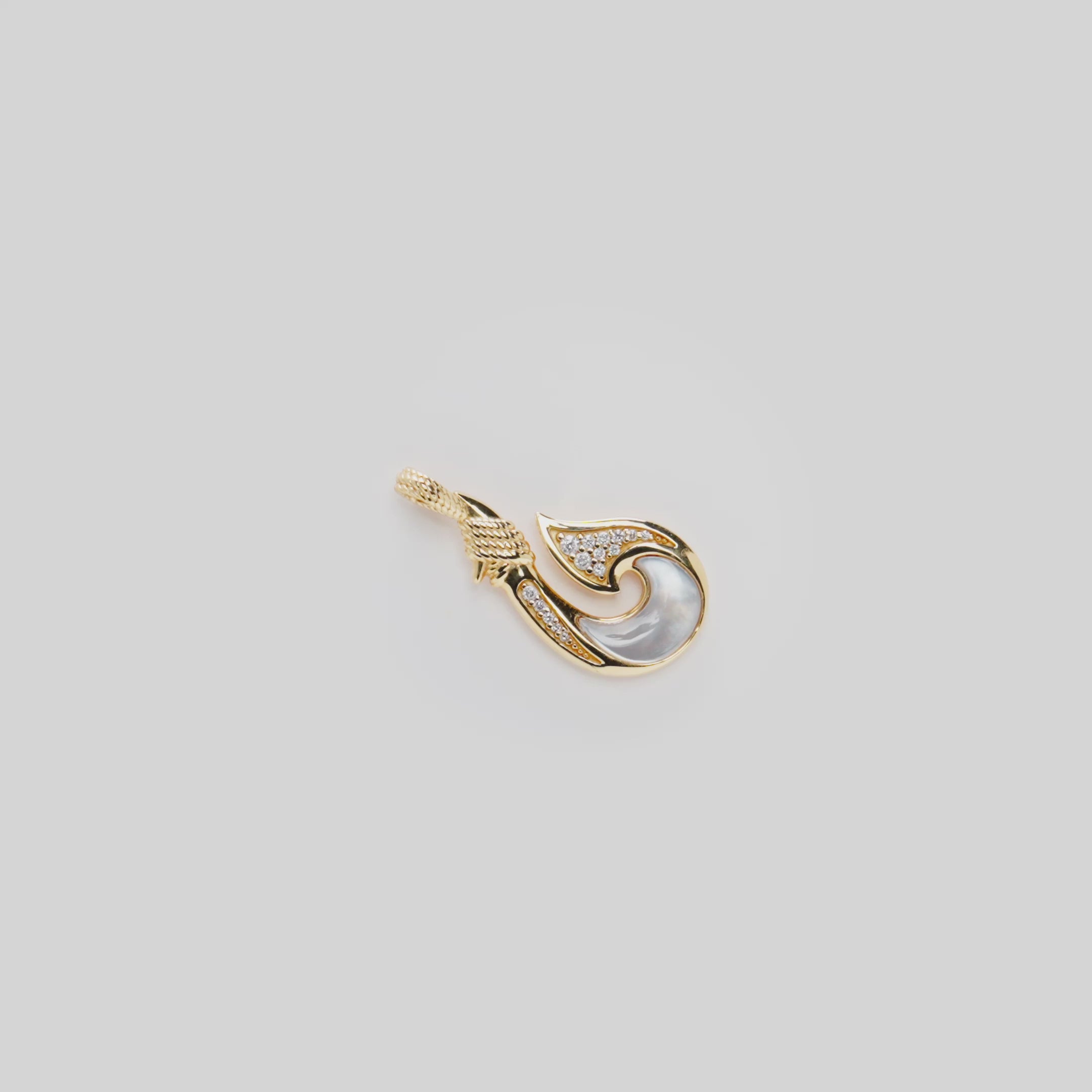 Fish Hook Mother of Pearl Pendant in Gold with Diamonds - 27mm