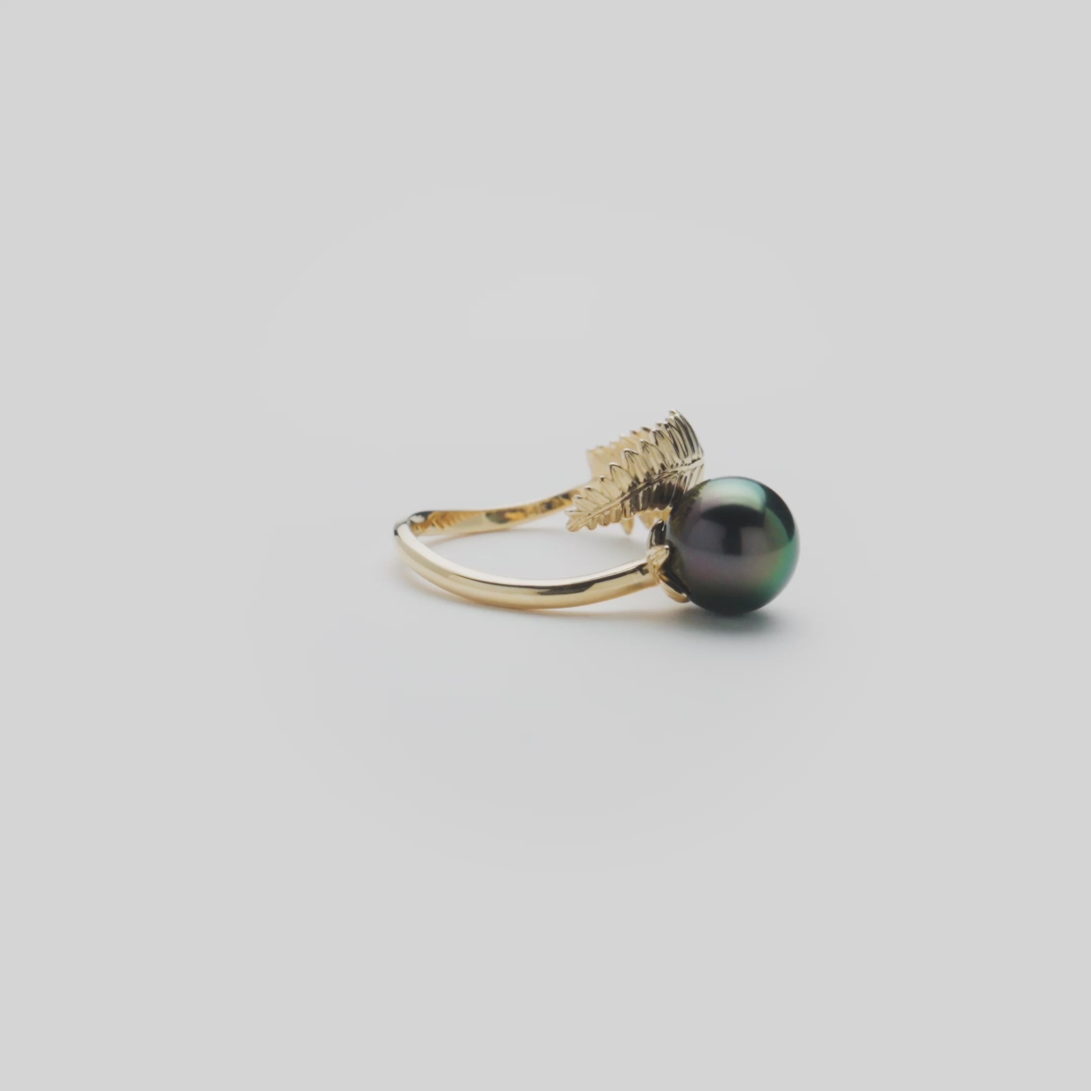Video showcasing the Kupukupu Fern Tahitian Black Pearl Ring in 14k Yellow Gold