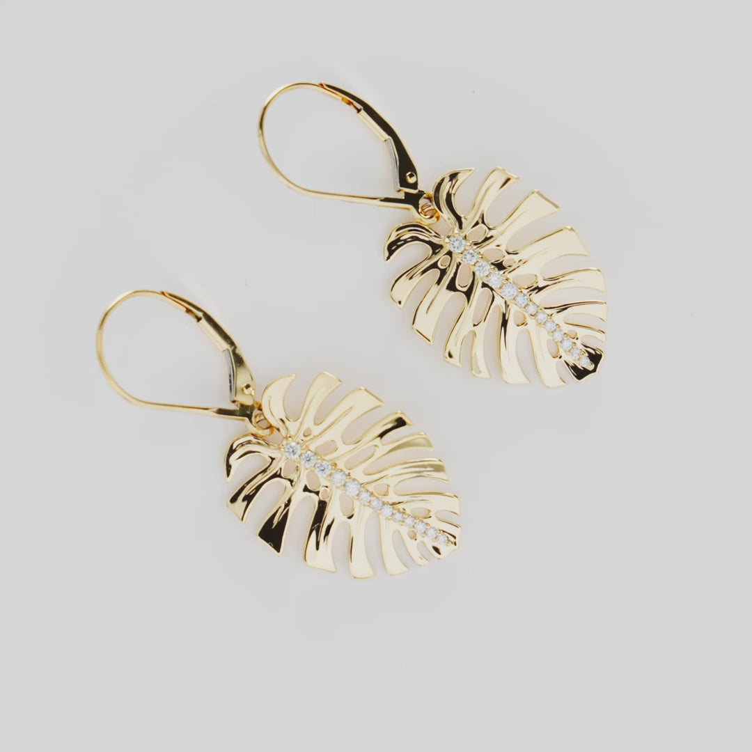 Monstera Leverback Earrings in Gold with Diamonds - 23mm