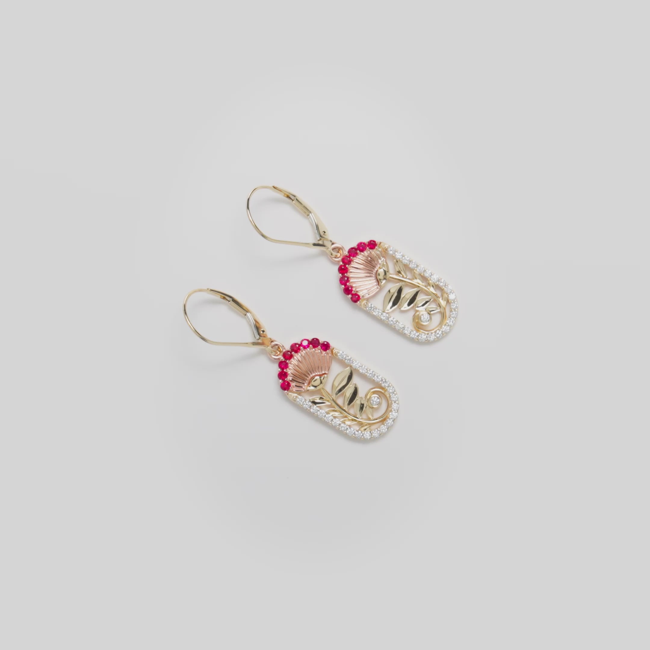 ʻŌhiʻa Lehua Ruby Leverback Earrings in Two Tone Gold with Diamonds