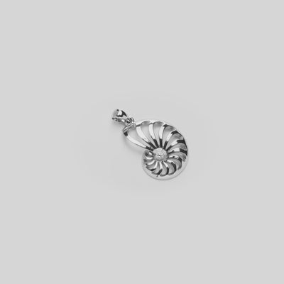 Video of the 25mm Nautilus Pendant in Sterling Silver with Cubic Zirconia turning on a white background