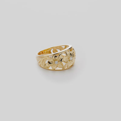 Video showcasing the Hawaiian Heirloom Plumeria Ring in Gold with Diamonds - 11mm