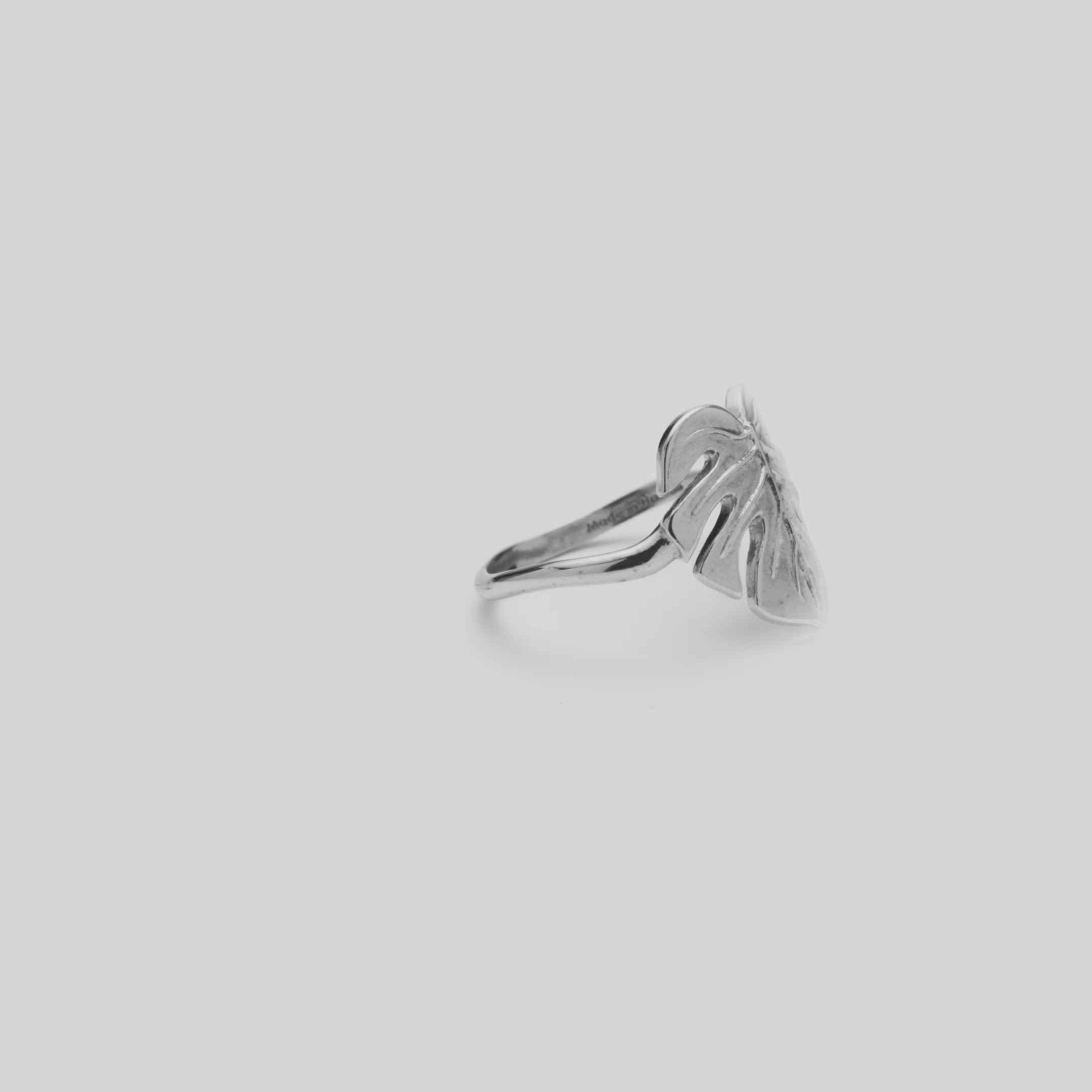 Video of the 15mm Monstera Ring in Sterling Silver turning on a white background