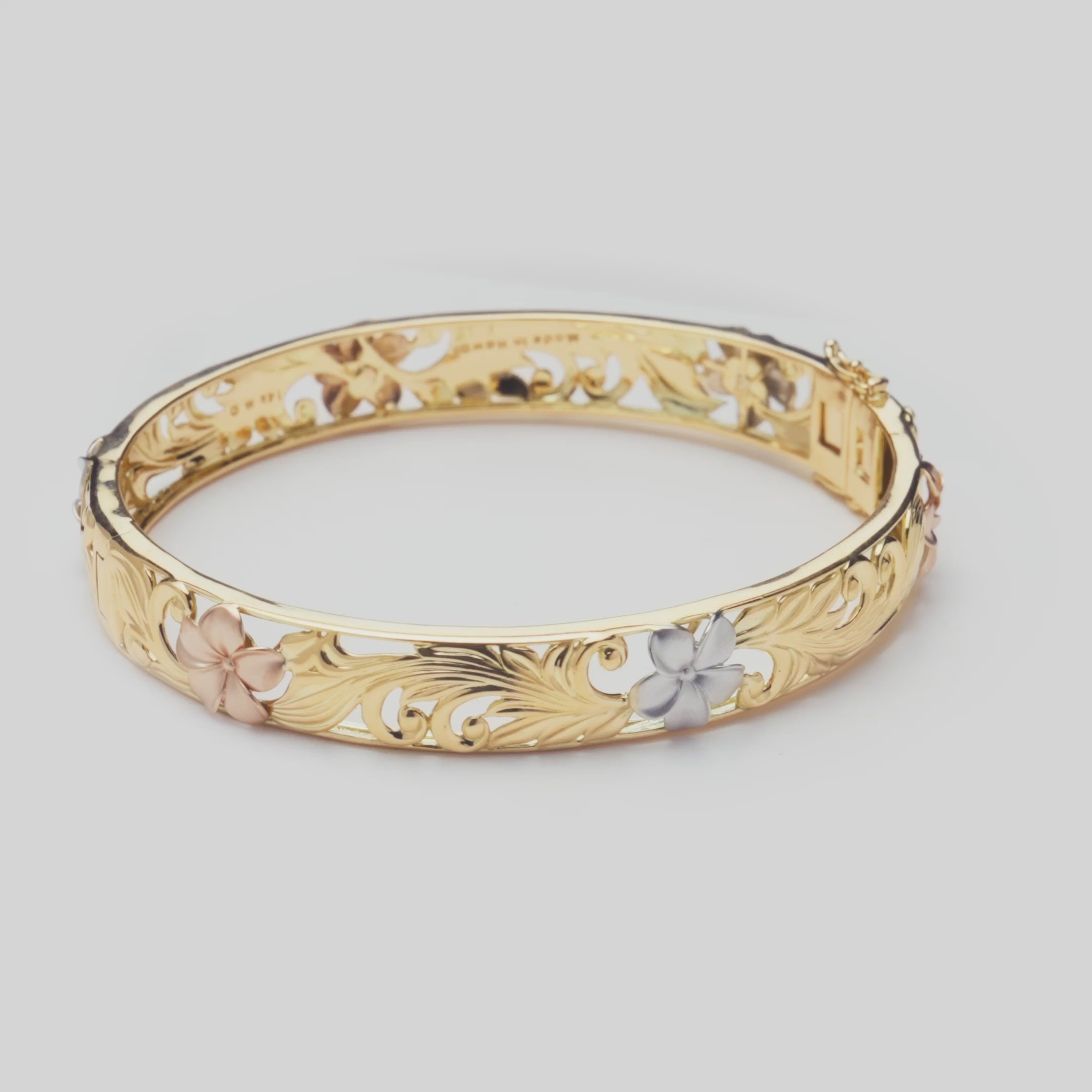 Hawaiian Heirloom Plumeria Hinge Bracelet in Tri Color Gold - 10mm