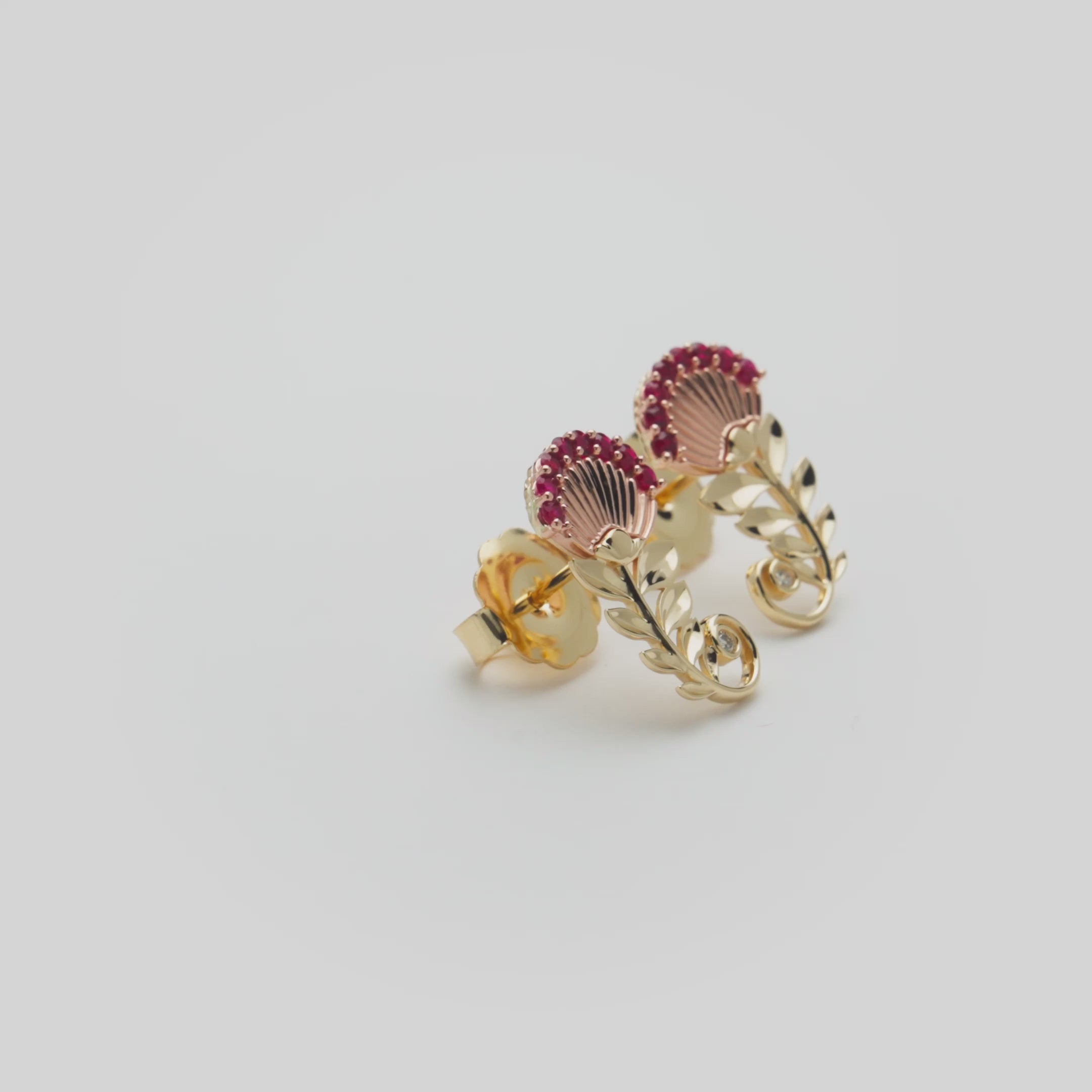 ʻŌhiʻa Lehua Ruby Stud Earrings in Two Tone Gold with Diamonds - 19mm